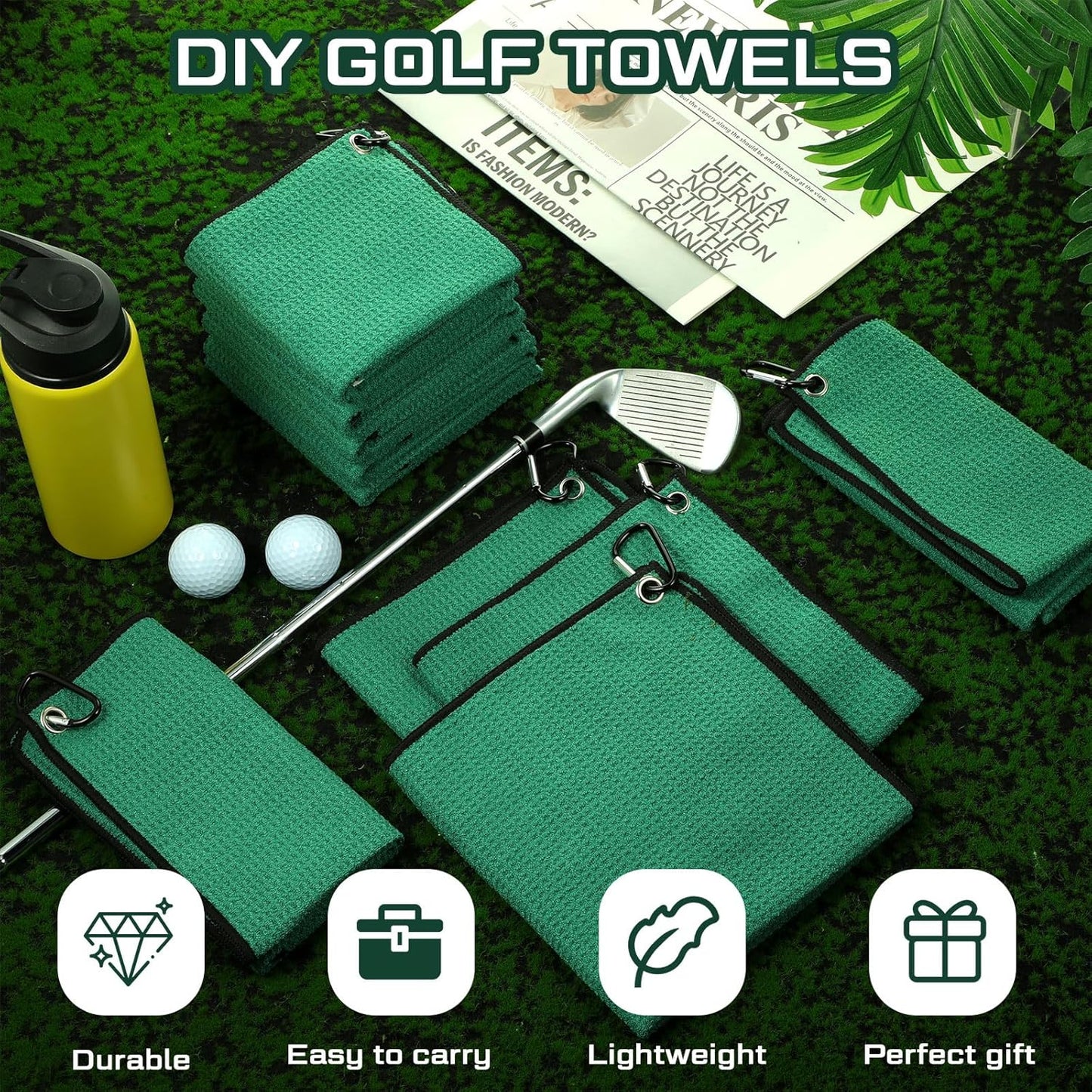 Batiyeer 30 Pcs Bulk Golf Towels for Golf Bags 16'' x 16'' Microfiber Fabric Golf Towel Waffle Pattern with Clip for Bags Men Mini Tournament Fitness Yoga Camping(Green)