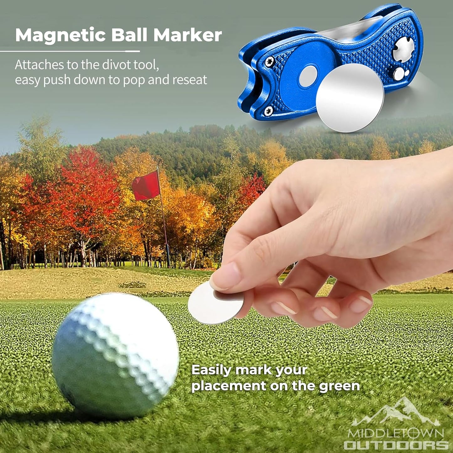 Golf Divot Tool with Magnetic Ball Marker, Multifunctional Divot Tool, Foldable Fork,Fix Divots, Clean Clubs and Cleats, U Shape Bottom can Hold Club