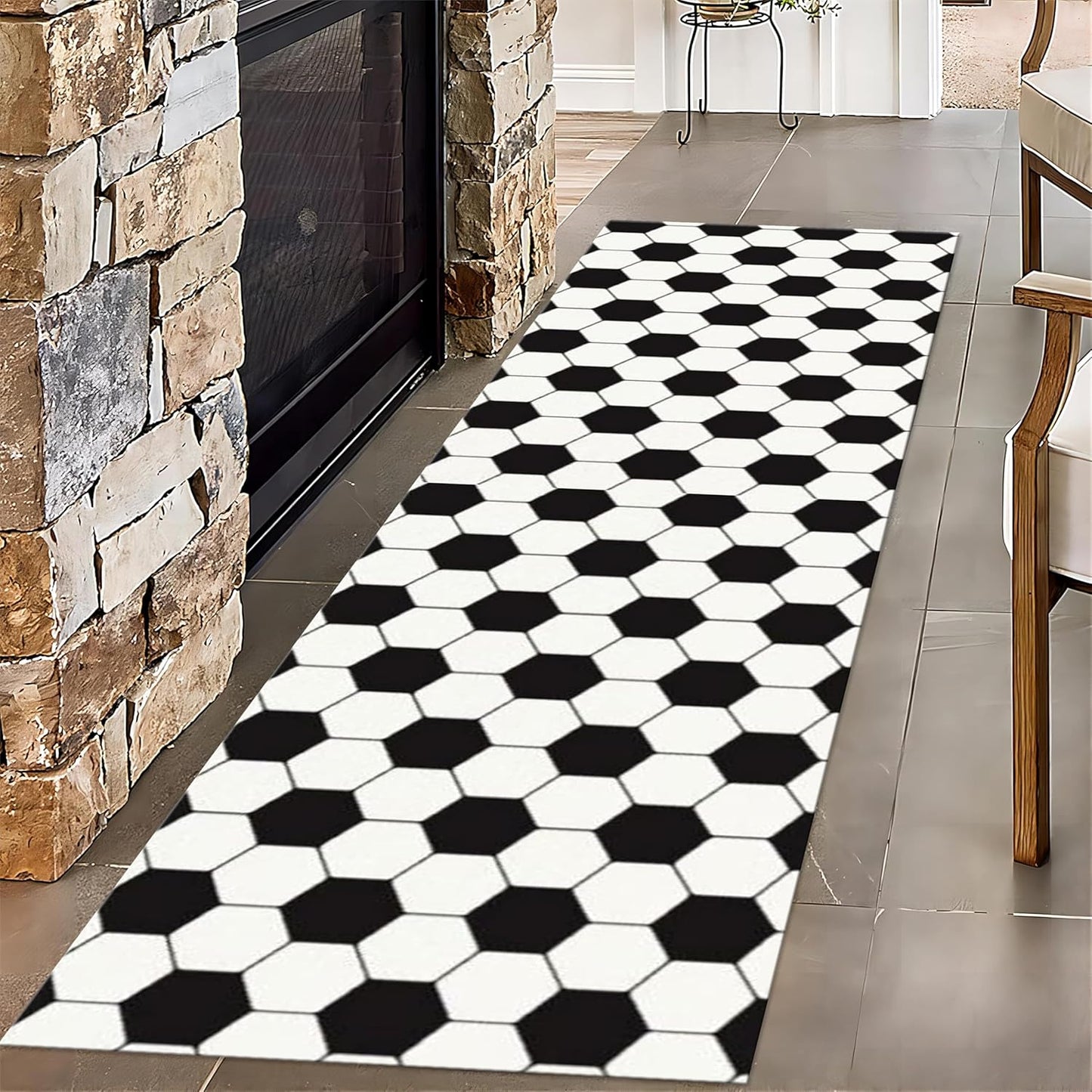 Football Pattern Runner Rugs for Hallway, 2.6x10ft, Black White Geometric Entrance Rug, Machine Washable High Traffic Rug, with Non Slip Backing Absorbent Carpet for Entryway Living Room