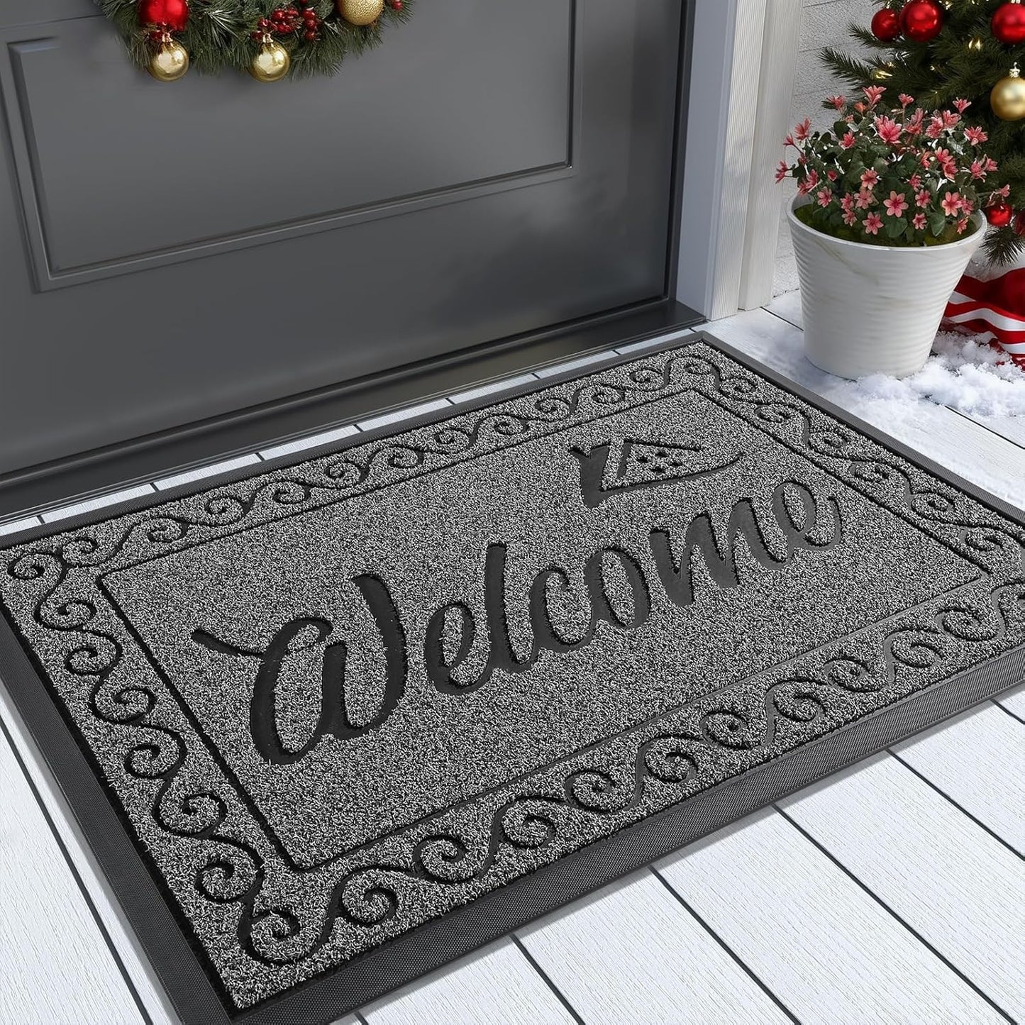 Yimobra Welcome Mat, Heavy Duty Sturdy Door Mats for Home Entrance Outdoor Indoor, Front Doormat for Outside Patio Floor Entry Porch Garage Office, Waterproof, Low Profile, 29.5x17, Black Grey