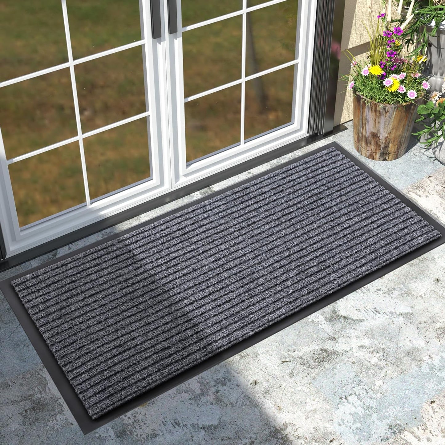 Yimobra Front Door Mat Outdoor Indoor Entrance, 100% Waterproof All-Season All Weather Doormat, Welcome Matt Outside Entry, Non Slip, Low Profile, Heavy Duty Patio Porch Floor Mats,47 x 24,Gray White