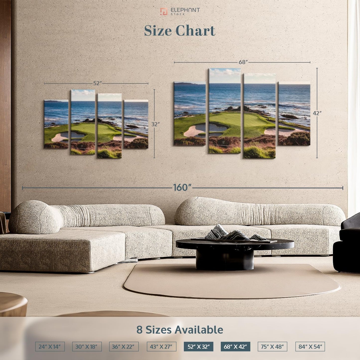Elephant Stock California Coastline Golf Course Wall Art - Horizontal Canvas - 4-Piece Living Room Wall Decor - Photography Sports Canvas Print - Brown and Beige Decor for Wall - 52" X 32"