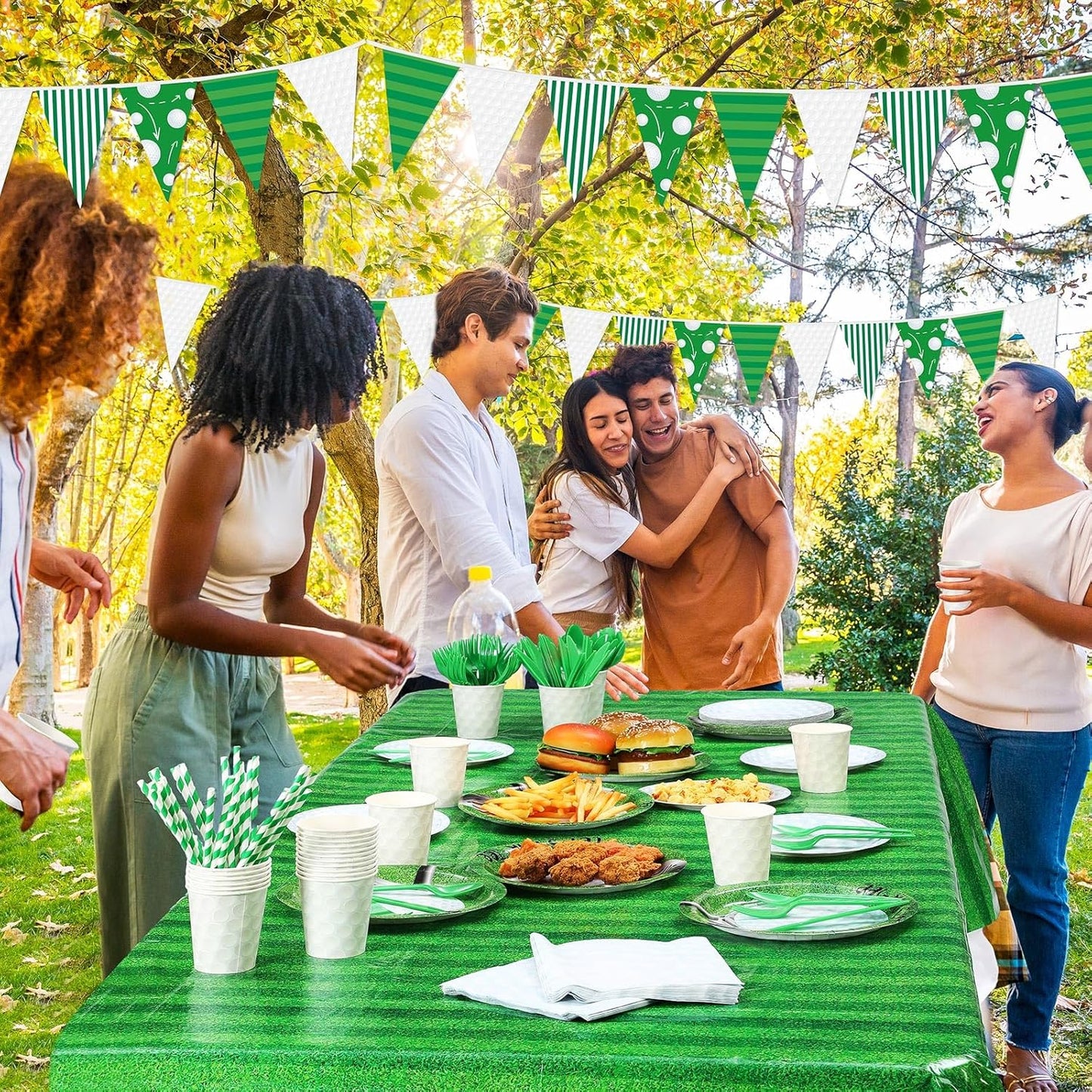 195 Pcs Golf Party Supplies 24 Guest Disposable Dinnerware with Golf Tablecloth 9" and 7" Paper Plates Cup Napkin Plastic Fork Knives Spoon and Banner for Golf Birthday Decorations