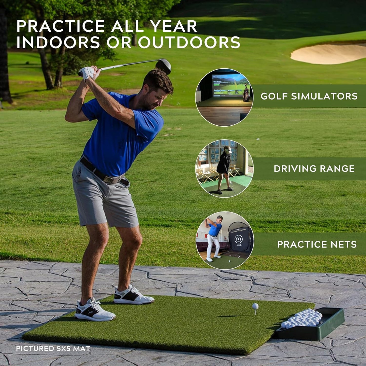 Original Country Club Elite by Real Feel Golf Mat 5x5 ft, Thick Outdoor & Indoor Turf Practice Mat with Real & Rubber Tee Compatibility | Heavy Duty Advanced Rubber Backing Training Mat | Zero Bounce
