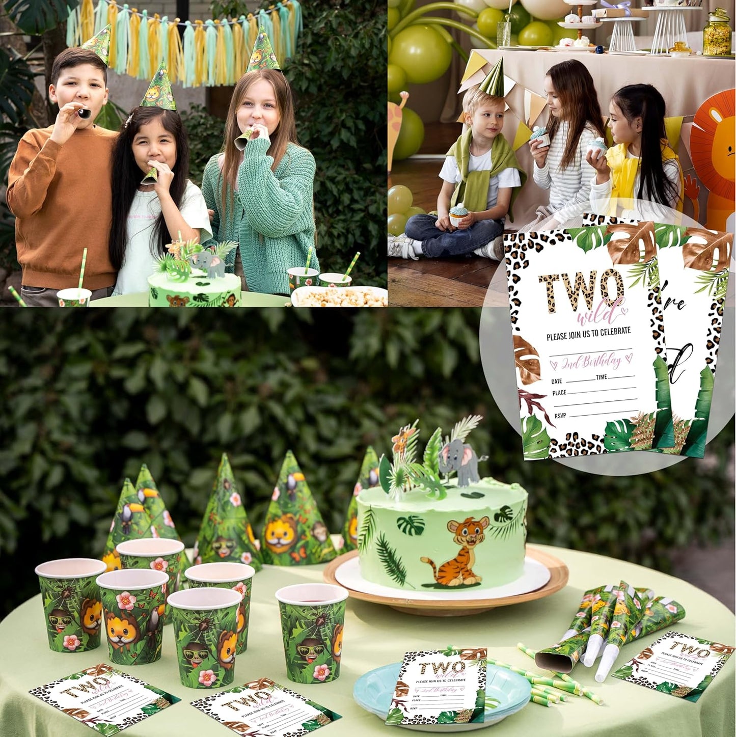 Safari Jungle Birthday Invitations, 20 Invitation Cards with Envelopes, Wild Two Invites for Party Decorations Favor Supplies - A14