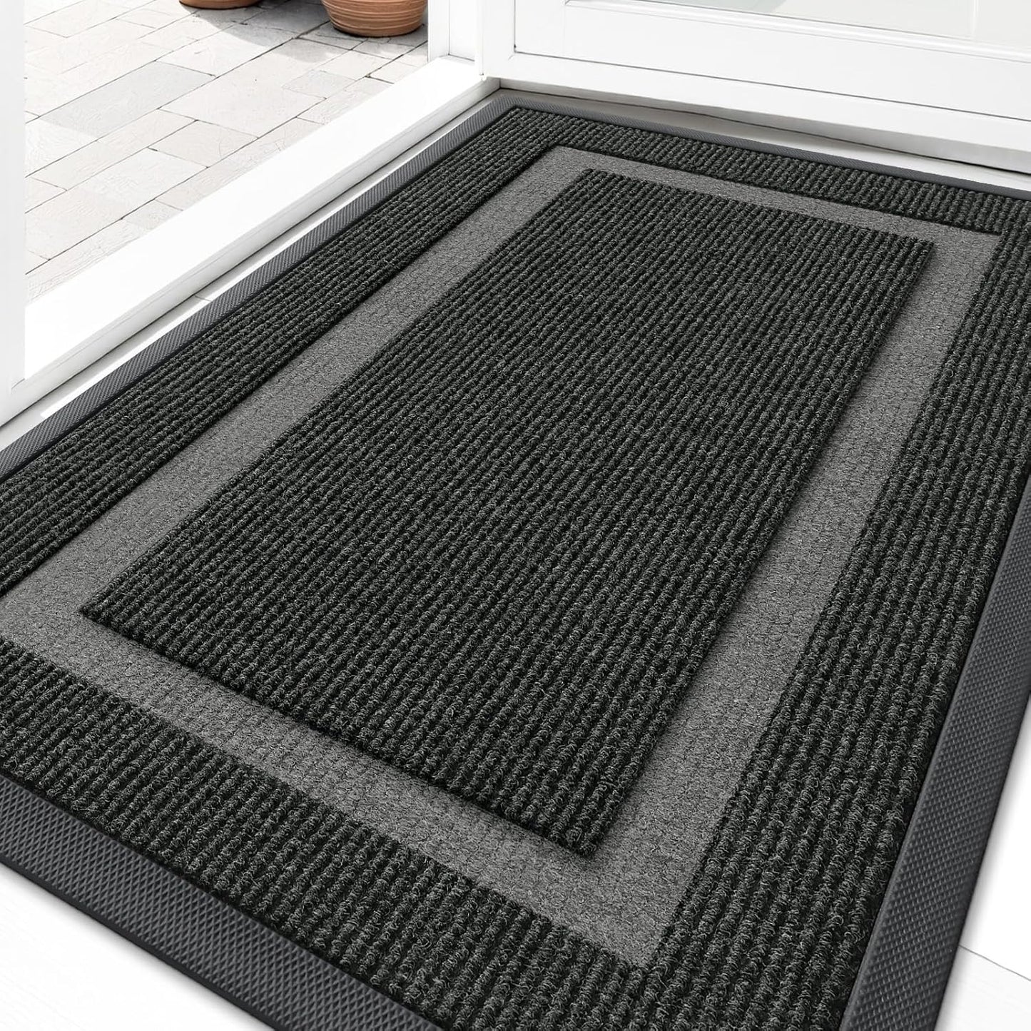 OLANLY Front Door Mat Indoor Outdoor Entrance, Waterproof All-Season, All-Weather Doormat, Sturdy Natural Rubber, Fade Resistant, Low Profile, Easy Clean Patio Porch Entryway Mat, 36x24, Black