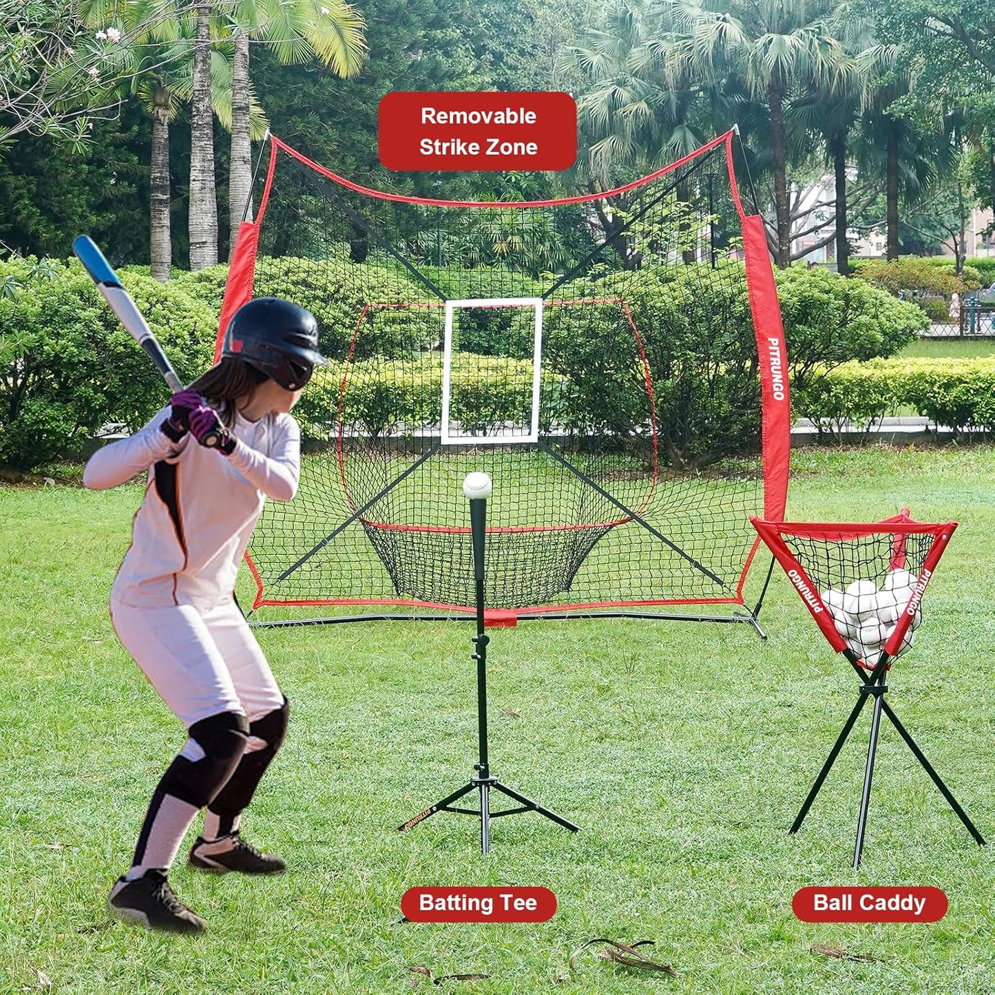 Baseball Softball Tee Batting Tee for Hitting T tee Ball Set Stand Baseball Softball Hitting Pitching Screen Net for Kids Teens Batting Net Set Training Equipment W/Carry Bag for Outdoor