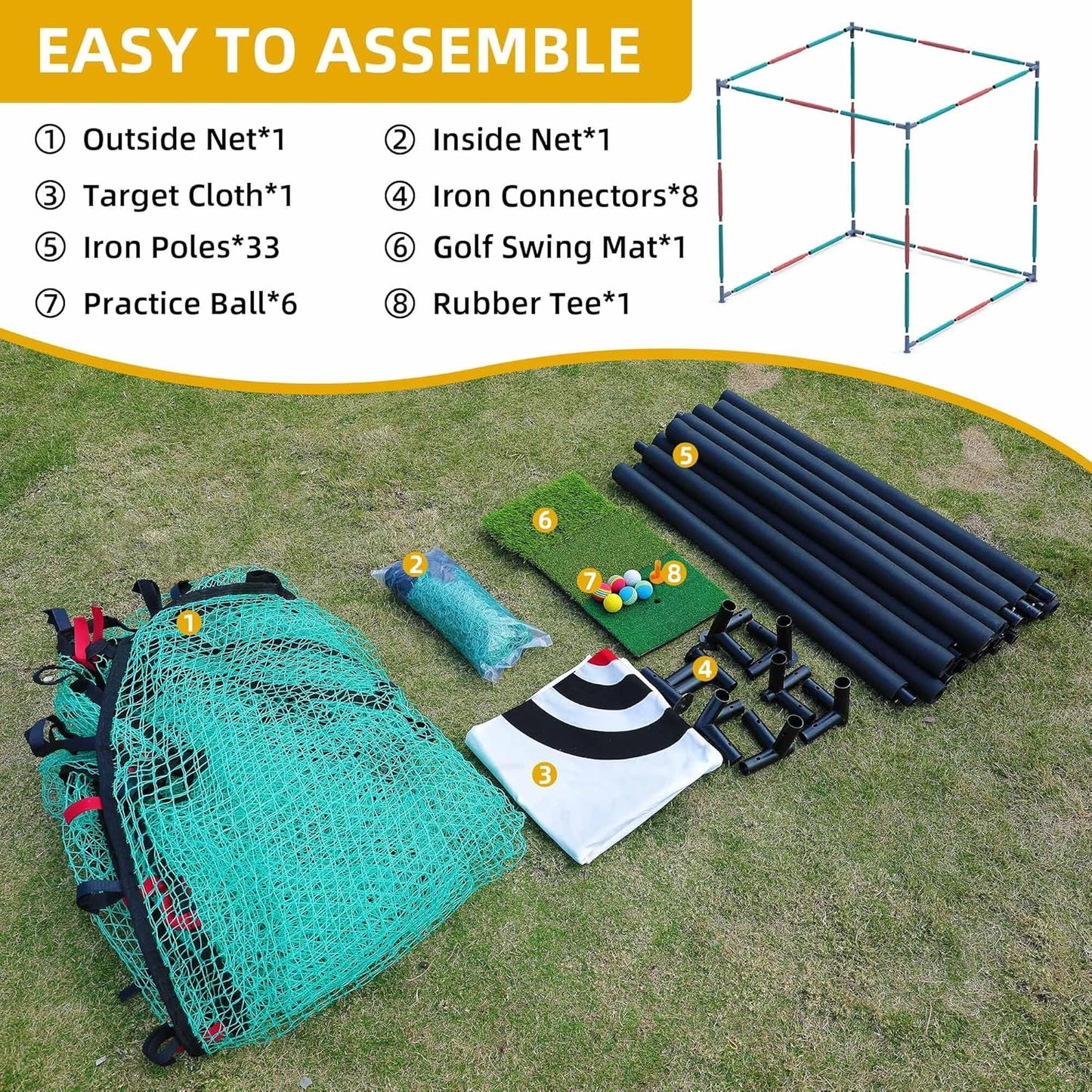 Golf Cage Net with Wheels, Upgrade Driving Hitting Cage with Metal Frame, Golf Practice Net for Full Swing and Chipping Backyard Indoor Outdoor Lawn(Includes 1 Hitting Mat 6 PU Balls 1 Tee)