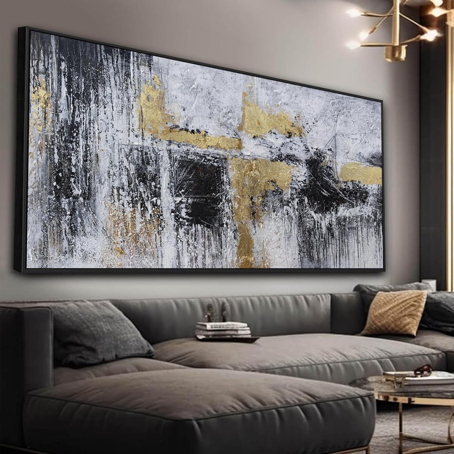 Black And Gold Abstract Canvas Wall Art Modern Artwork Canvas Prints Framed Canvas Picture Contemporary Wall Decor Artwork Bedroom Living Room Office Decoration Ready To Hang 24x48 Inch