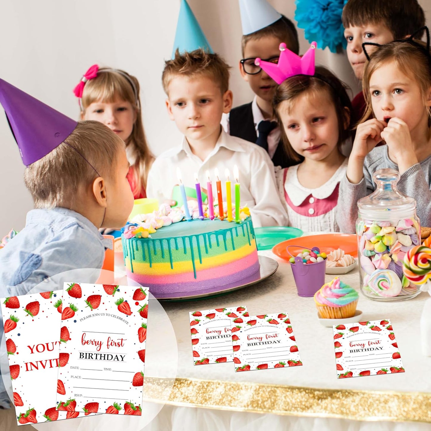 Berry 1st Birthday Invitations, 20 Invitation Cards with Envelopes, Strawberry First Invites for Party Decorations Favor Supplies - A06