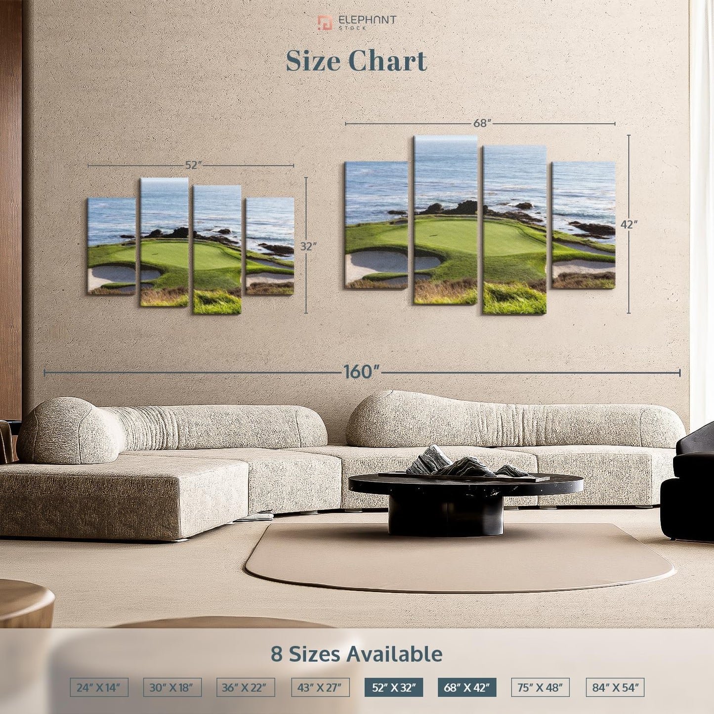 Elephant Stock Pebble Beach Golf Turf Wall Art - Horizontal Canvas - 4-Piece Hallway Wall Decor - Photographic Canvas Print - Brown and Blue Decor for Wall - 68" X 42"