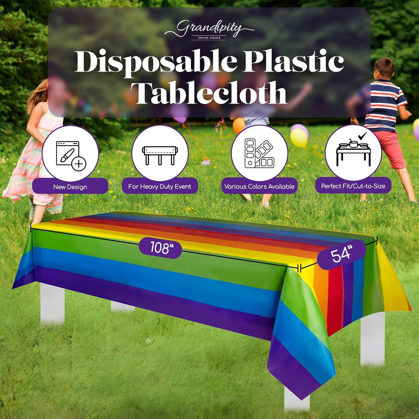 Grandipity Carnival Pride Rainbow Banner Theme 12 Pack Premium Disposable Plastic Tablecloth 54 Inch. x 108 Inch. Decorative Rectangle Table Cover