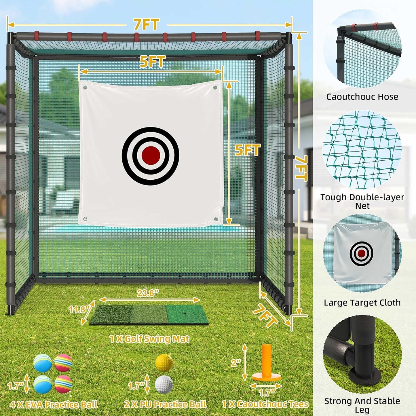 Golf Cage Net with Wheels, Upgrade Driving Hitting Cage with Metal Frame, Golf Practice Net for Full Swing and Chipping Backyard Indoor Outdoor Lawn(Includes 1 Hitting Mat 6 PU Balls 1 Tee)