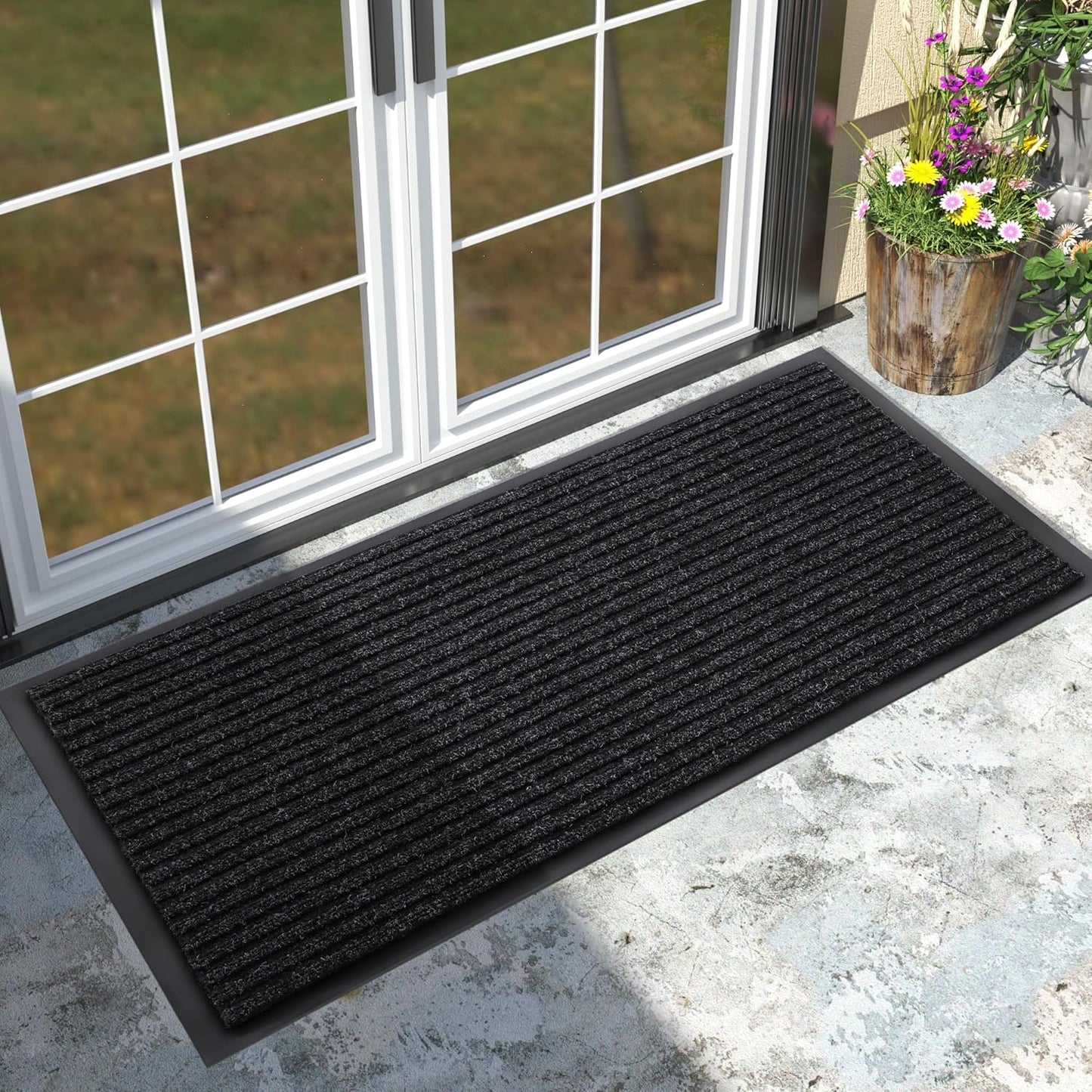 Yimobra Front Door Mat Outdoor Indoor Entrance, 100% Waterproof All-Season All Weather Doormat, Welcome Matt Outside Entry, Non Slip, Low Profile, Heavy Duty Patio Porch Floor Mats,47 x 24,Black Grey