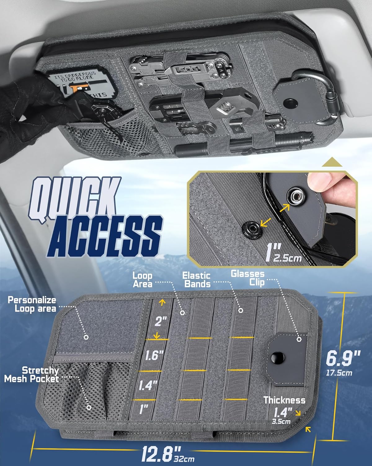 WYNEX Molle Car Sun Visor Organizer, Original Design Car Accessories with Zipper Visor Storage Pouch & Glasses Clip, Semi-Rigid Molle Panel for Tactical Gears, Fits Most Vehicles, SUVs, Trucks