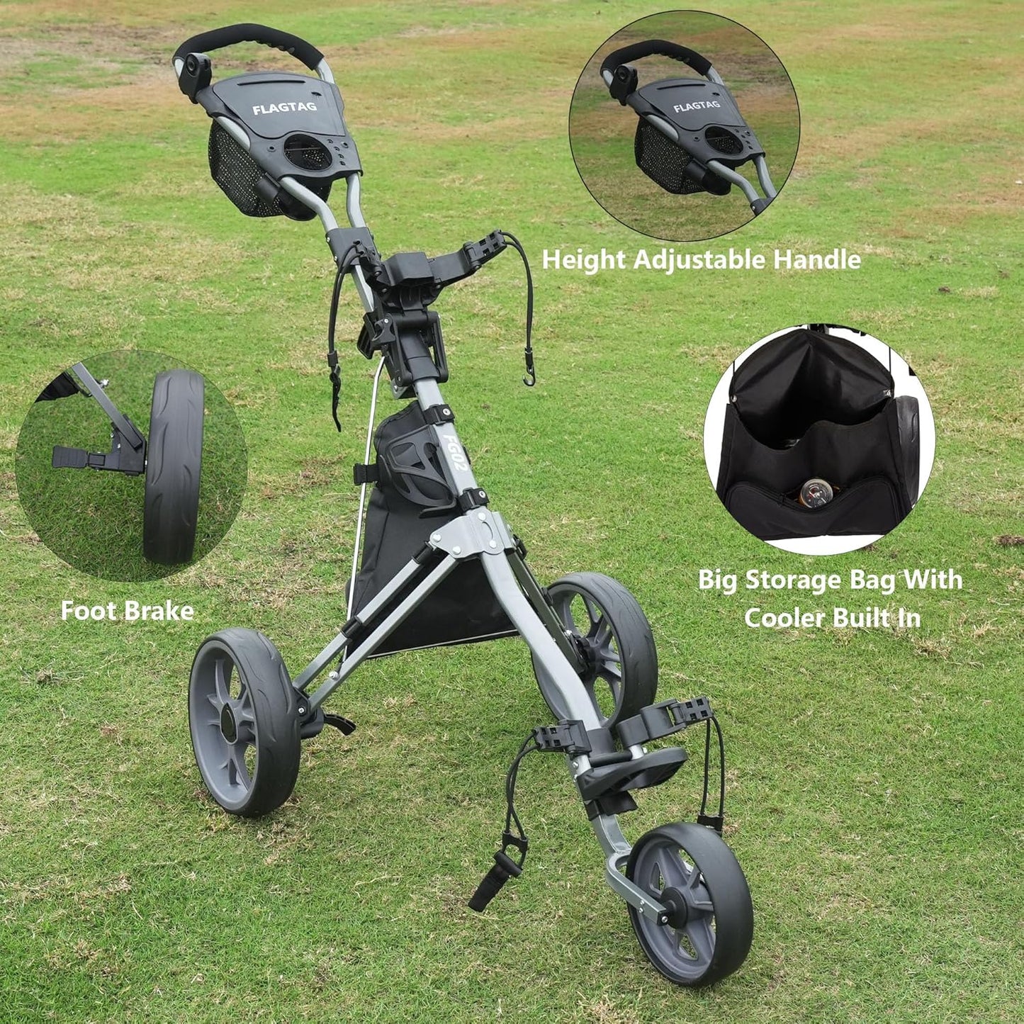 Golf Push Cart 3 Wheel, Folding Golf Cart with Foot Brake,Cooler Bag, Umbrella Holder, Cup Holder, Storage Compartment