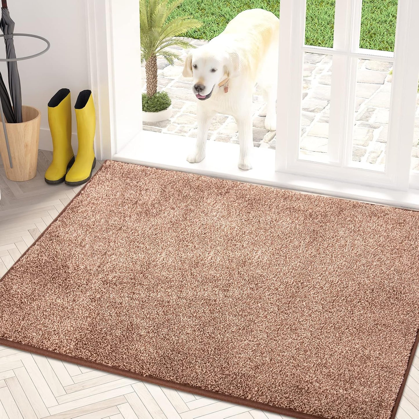 PURRUGS Dirt Trapping Door Mat 34" x 59", Non-Slip Machine Washable Entry Rug, Shoe Scraper, Dog Doormat, Super Absorbent Welcome Mat for Front & Back Door, Muddy Shoes & Paws, Brown-Light Cream