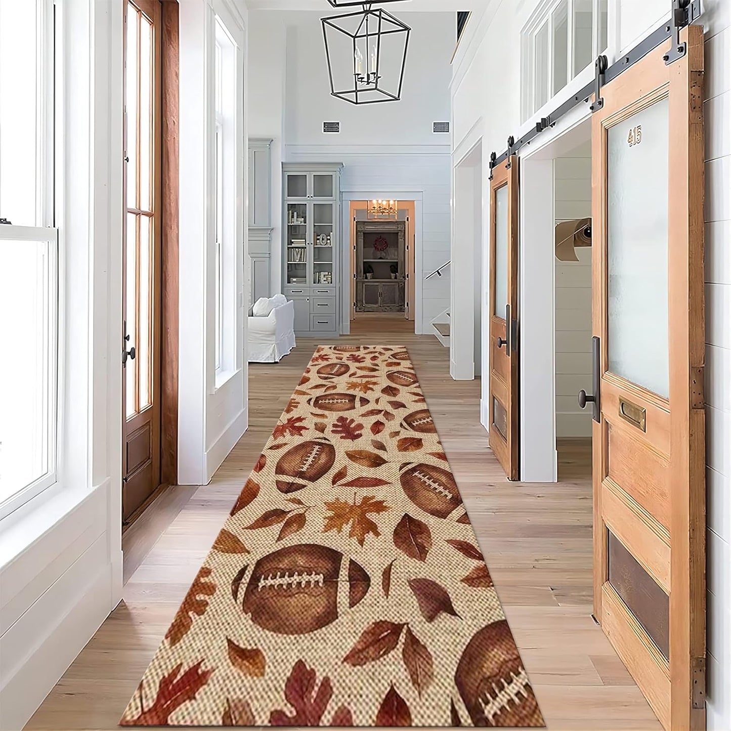 Football Rugby Living Room Rug, 2x10ft, Vintage Maple Leaf Entryway Carpets, Cozy Soft Home Decor Kids Rugs, Foldable Washable Breathable Anti-Slip Rug for Front Door Dining Room