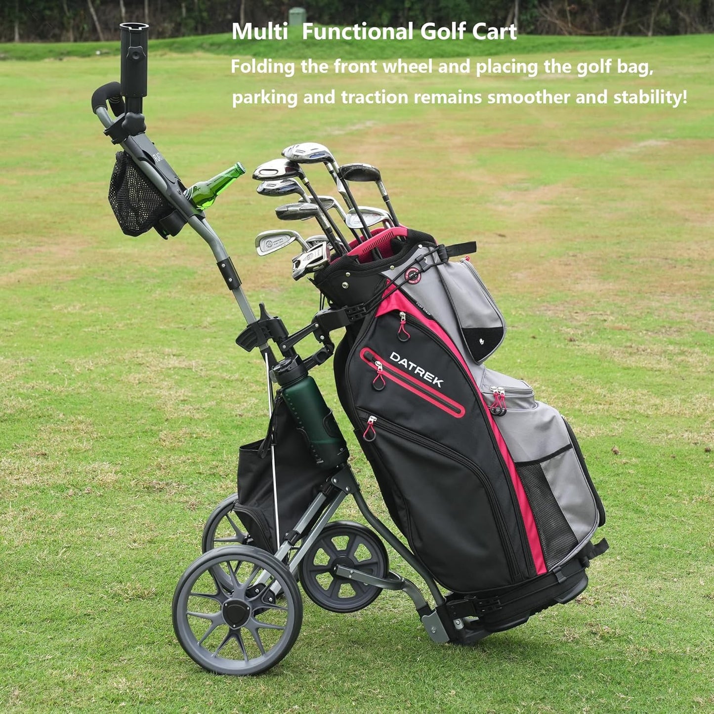 Golf Push Cart 3 Wheel, Folding Golf Cart with Foot Brake,Cooler Bag, Umbrella Holder, Cup Holder, Storage Compartment