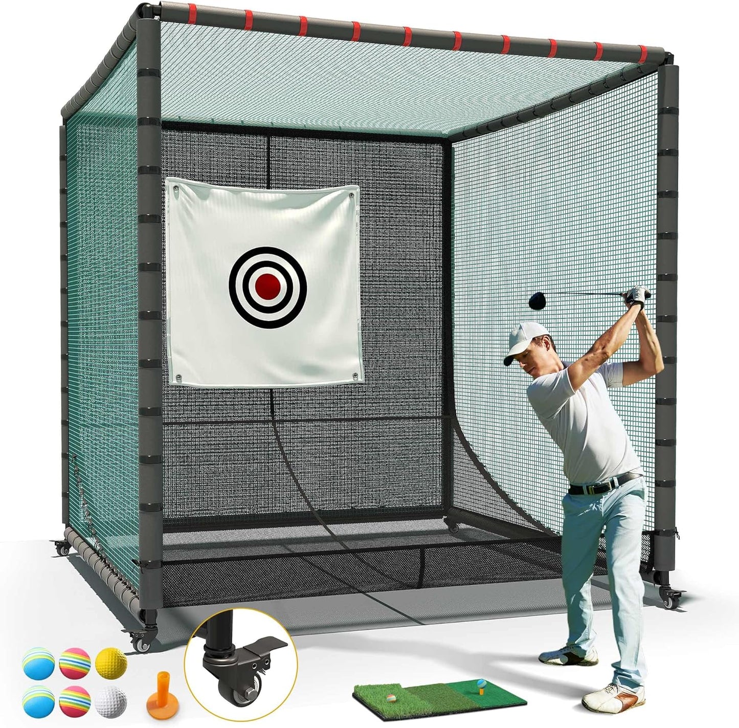 Golf Cage Net with Wheels, Upgrade Driving Hitting Cage with Metal Frame, Golf Practice Net for Full Swing and Chipping Backyard Indoor Outdoor Lawn(Includes 1 Hitting Mat 6 PU Balls 1 Tee)