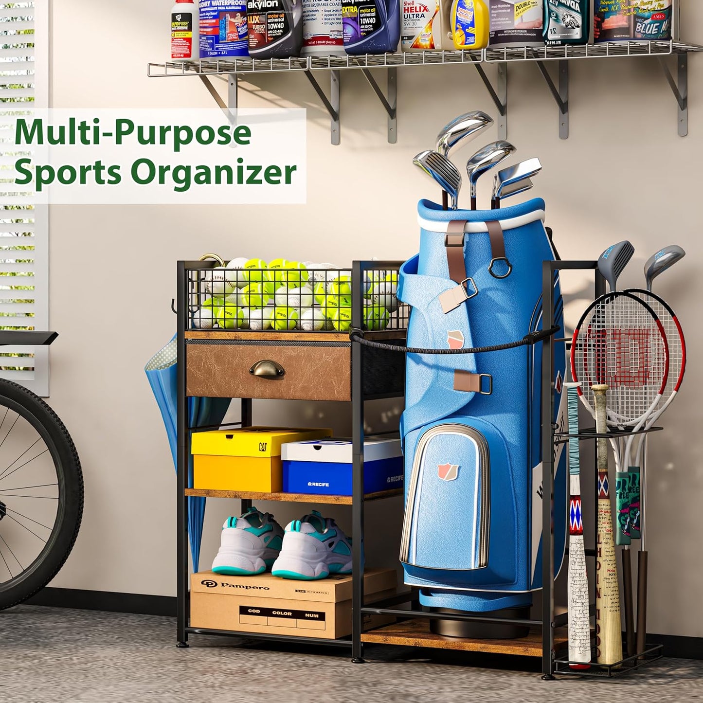 Golf Bag Organizer with Drawer for Golf Accessories for Men, Golf Bag Stand with Extra Storage Rack for Clubs, Golf Bag Holder for Golf Storage Fits 1 Bag, Garage, Home or Club Use, Golf Gifts for Dad