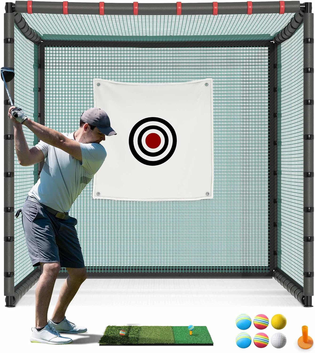 Golf Cage Net with Wheels, Upgrade Driving Hitting Cage with Metal Frame, Golf Practice Net for Full Swing and Chipping Backyard Indoor Outdoor Lawn(Includes 1 Hitting Mat 6 PU Balls 1 Tee)