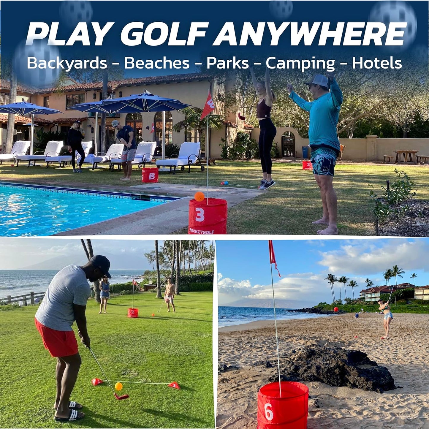 bucketgolf Game 6 Hole Bundle with Clubs - The Best Backyard Golf Game for All Ages and Levels Adults, Kids, Families, Schools, Yards, Parks, Beaches, Vacation. (4 Clubs (4 RH))