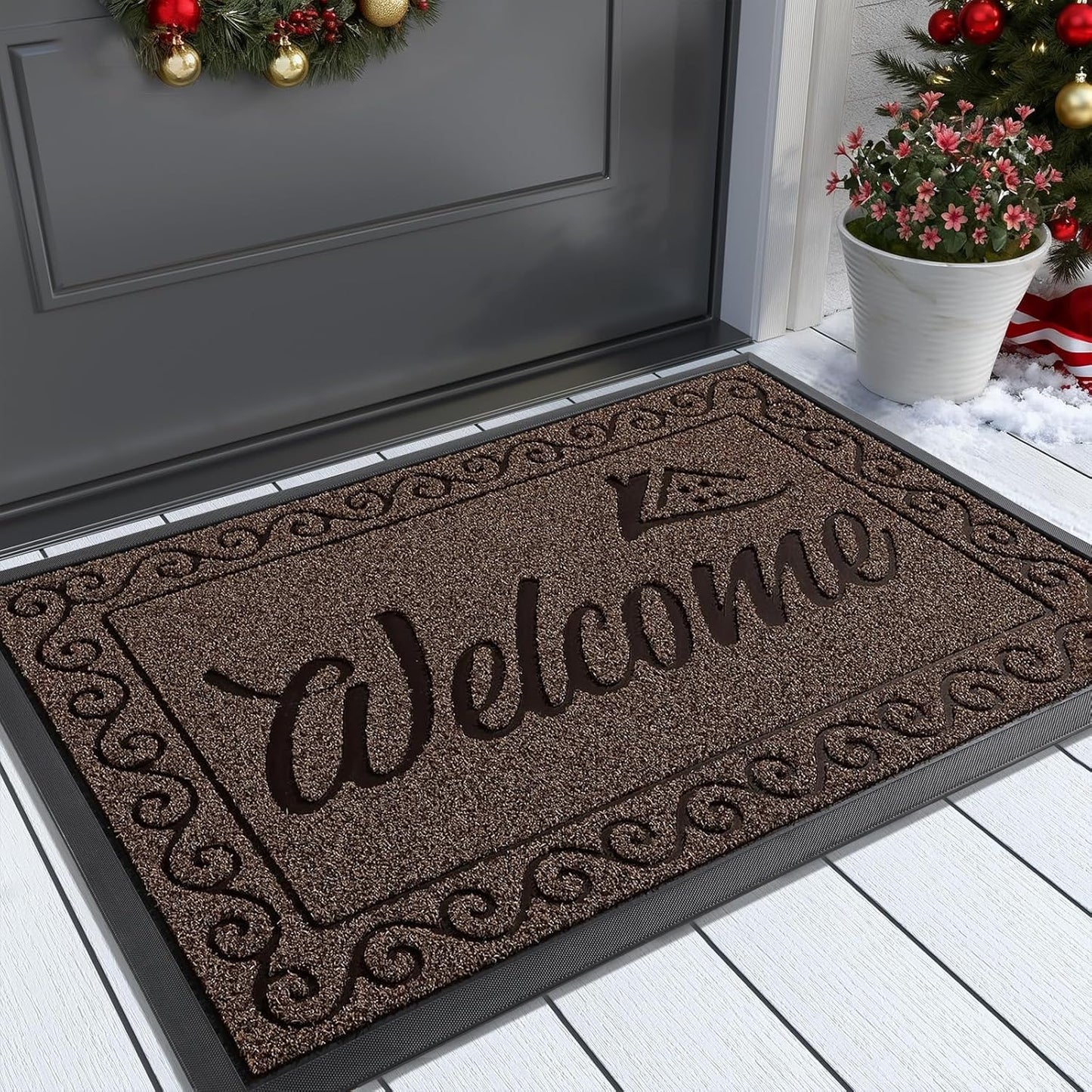 Yimobra Welcome Mat, Heavy Duty Sturdy Door Mats for Home Entrance Outdoor Indoor, Front Doormat for Outside Patio Floor Entry Porch Garage Office, Waterproof, Low Profile, 29.5x17, Coffee