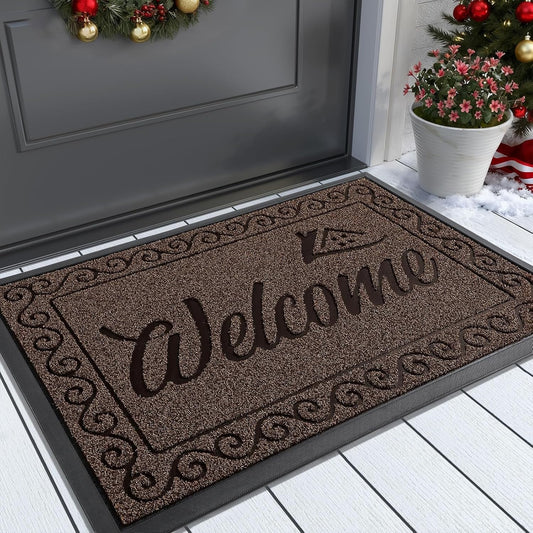 Yimobra Welcome Mat, Heavy Duty Sturdy Door Mats for Home Entrance Outdoor Indoor, Front Doormat for Outside Patio Floor Entry Porch Garage Office, Waterproof, Low Profile, 29.5x17, Coffee
