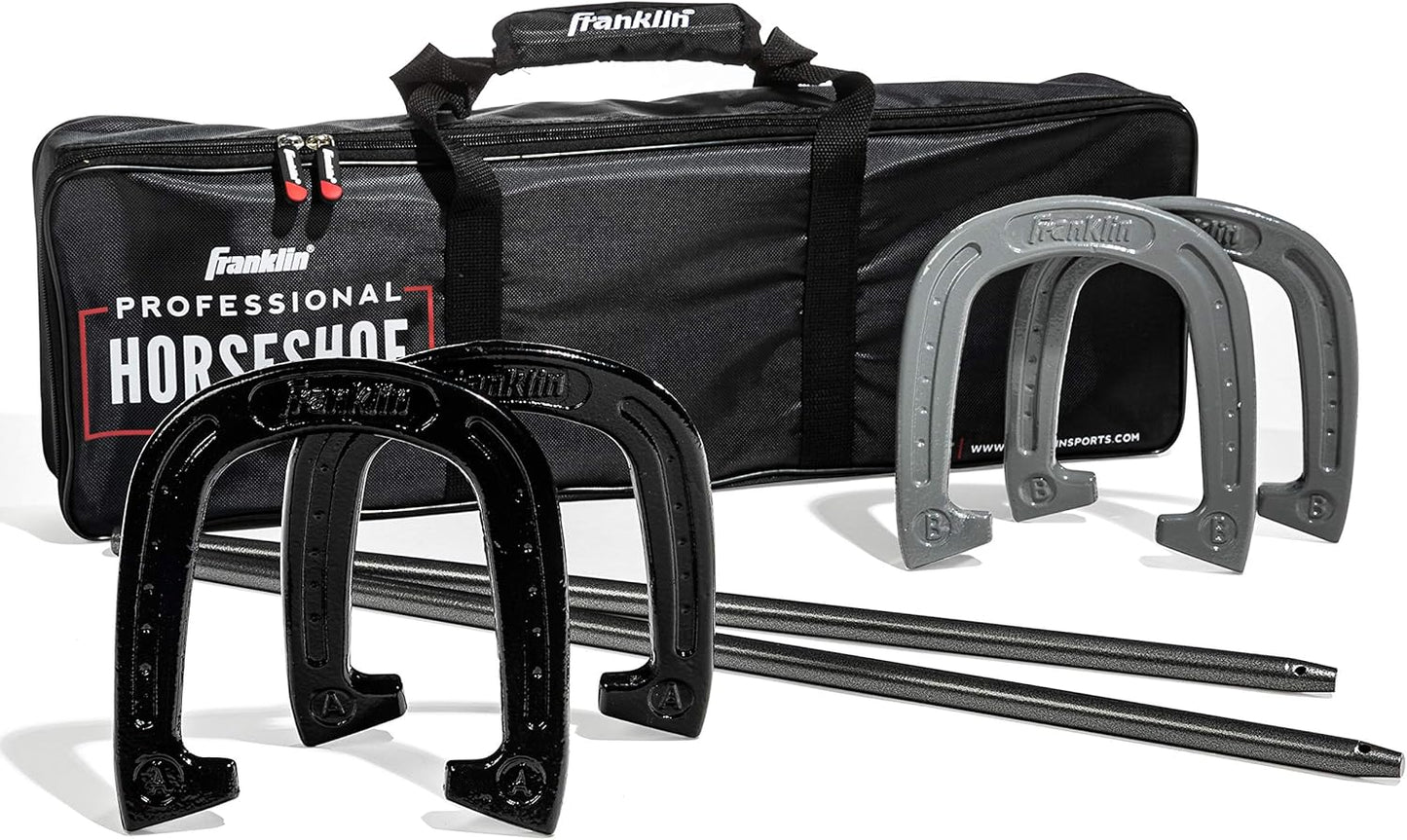 Franklin Sports Horseshoes Sets - Metal Horseshoe Game Sets for Adults + Kids - Official Weight Steel Horseshoes - Beach + Lawn Horseshoes Sets - Sets Include (4) Horseshoes and (2) Ground Stakes