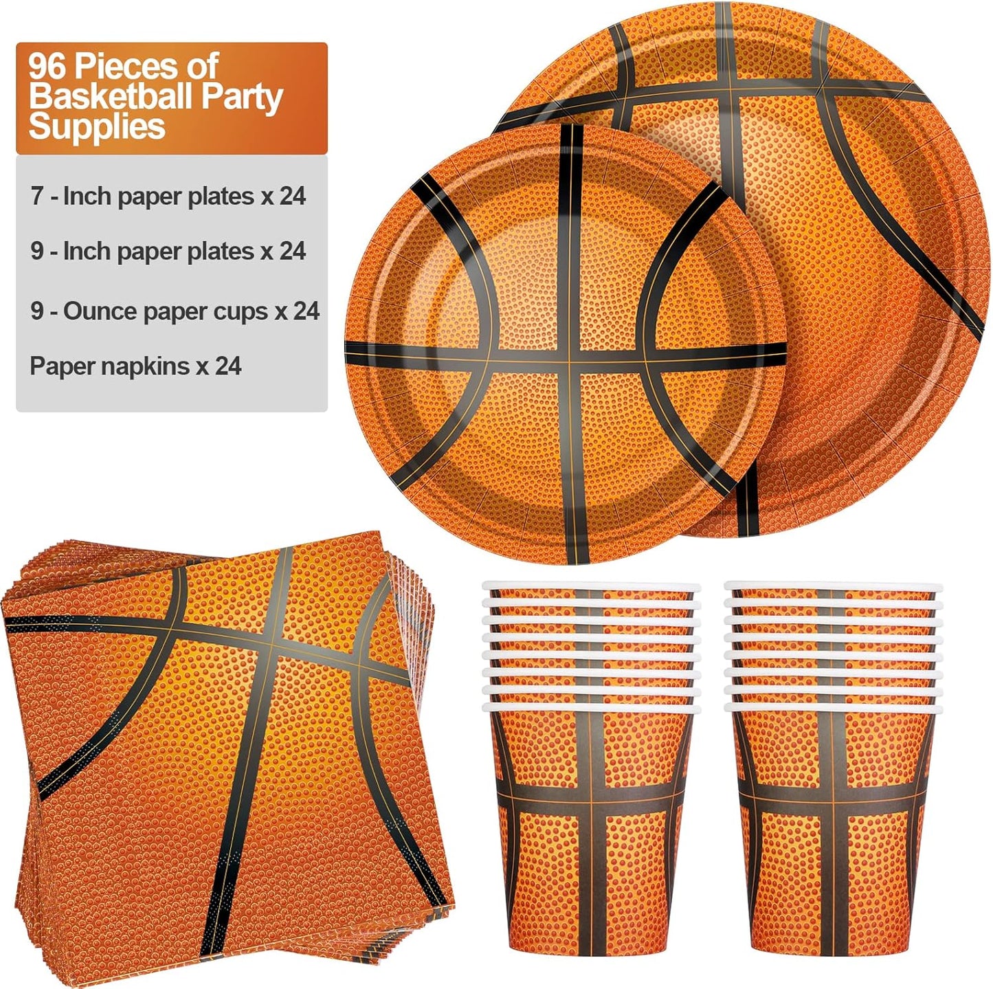durony 96 Pieces Basketball Party Supplies Birthday Party Tableware Including Paper Plates, Cups, Napkins for Basketball Birthday Party, Serves 24 Guests