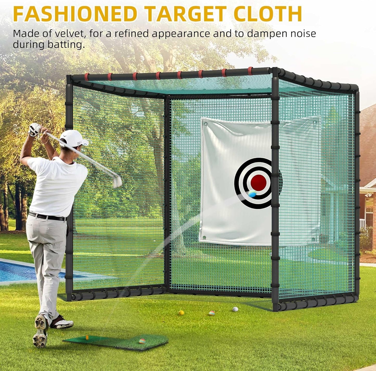 Golf Cage Net with Wheels, Upgrade Driving Hitting Cage with Metal Frame, Golf Practice Net for Full Swing and Chipping Backyard Indoor Outdoor Lawn(Includes 1 Hitting Mat 6 PU Balls 1 Tee)