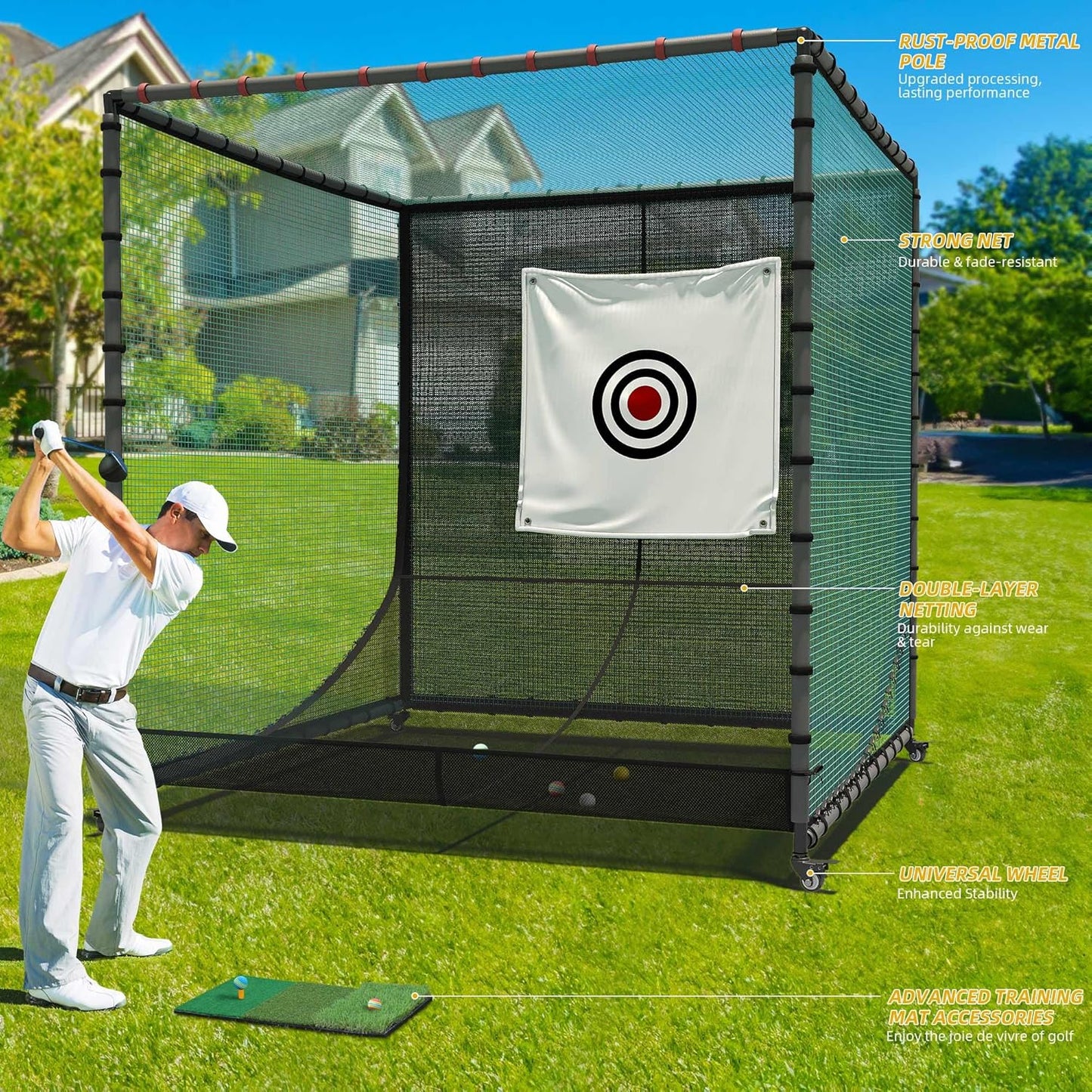 Golf Cage Net with Wheels, Upgrade Driving Hitting Cage with Metal Frame, Golf Practice Net for Full Swing and Chipping Backyard Indoor Outdoor Lawn(Includes 1 Hitting Mat 6 PU Balls 1 Tee)