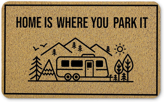 Camper Welcome Mats for Front Door, Camping Door Mat, Home is Where You Park It Camping Doormat for Trailer Camper Campsite Outside Inside Outdoor Indoor Entrance, 17x30 Inches