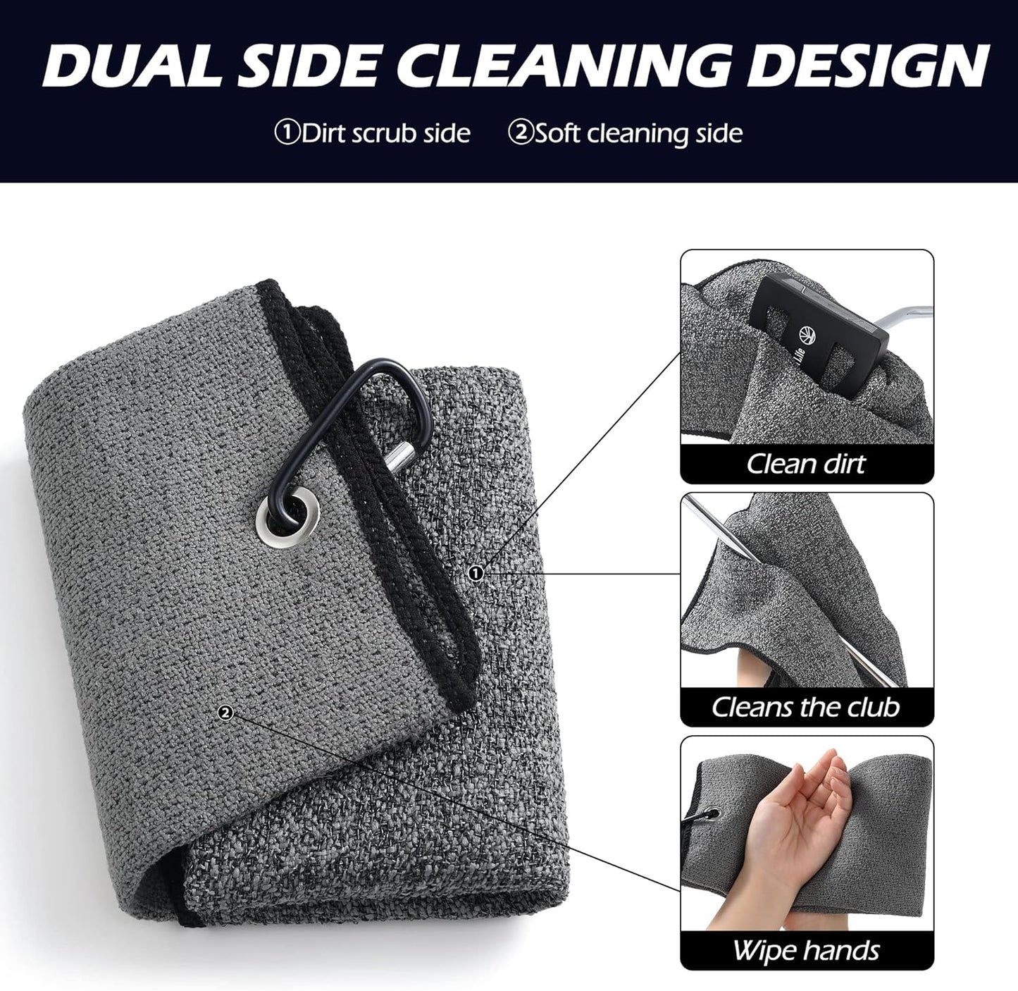 Mile High Life Tri-Fold Golf Towel, 2-in-1 Club & Ball Cleaner, Scratch-Free Scrubbing Side + Ultra-Soft Microfiber, Heavy-Duty Clip, Quick-Dry