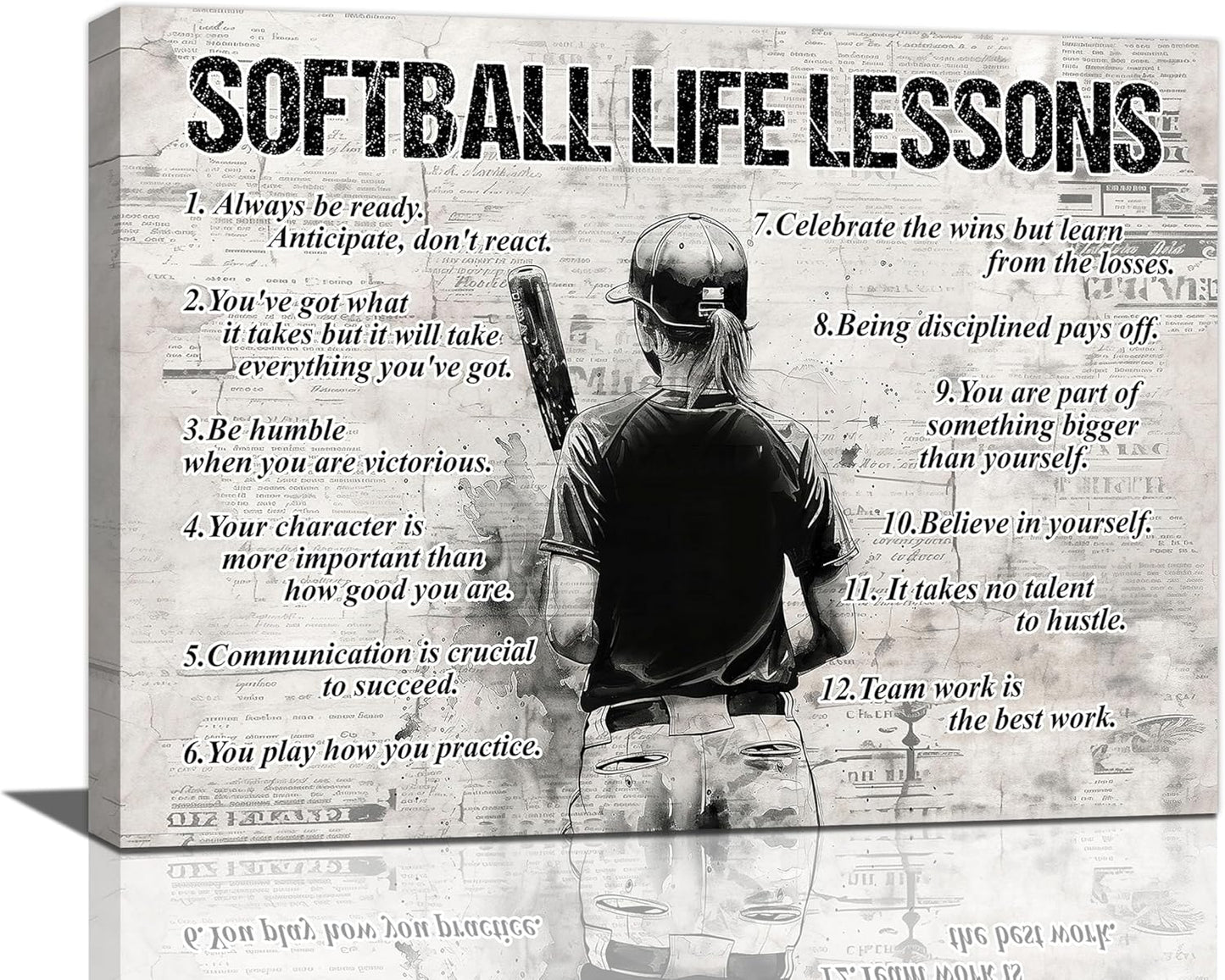 Softball Sports Wall Art Softball Life Lessons Wall Decor Softball Sign Retro Poster Boy Girls Men Room Motivational Decorations Canvas Print Painting Artwork for Bedroom Bathroom Living Room 16"x12"
