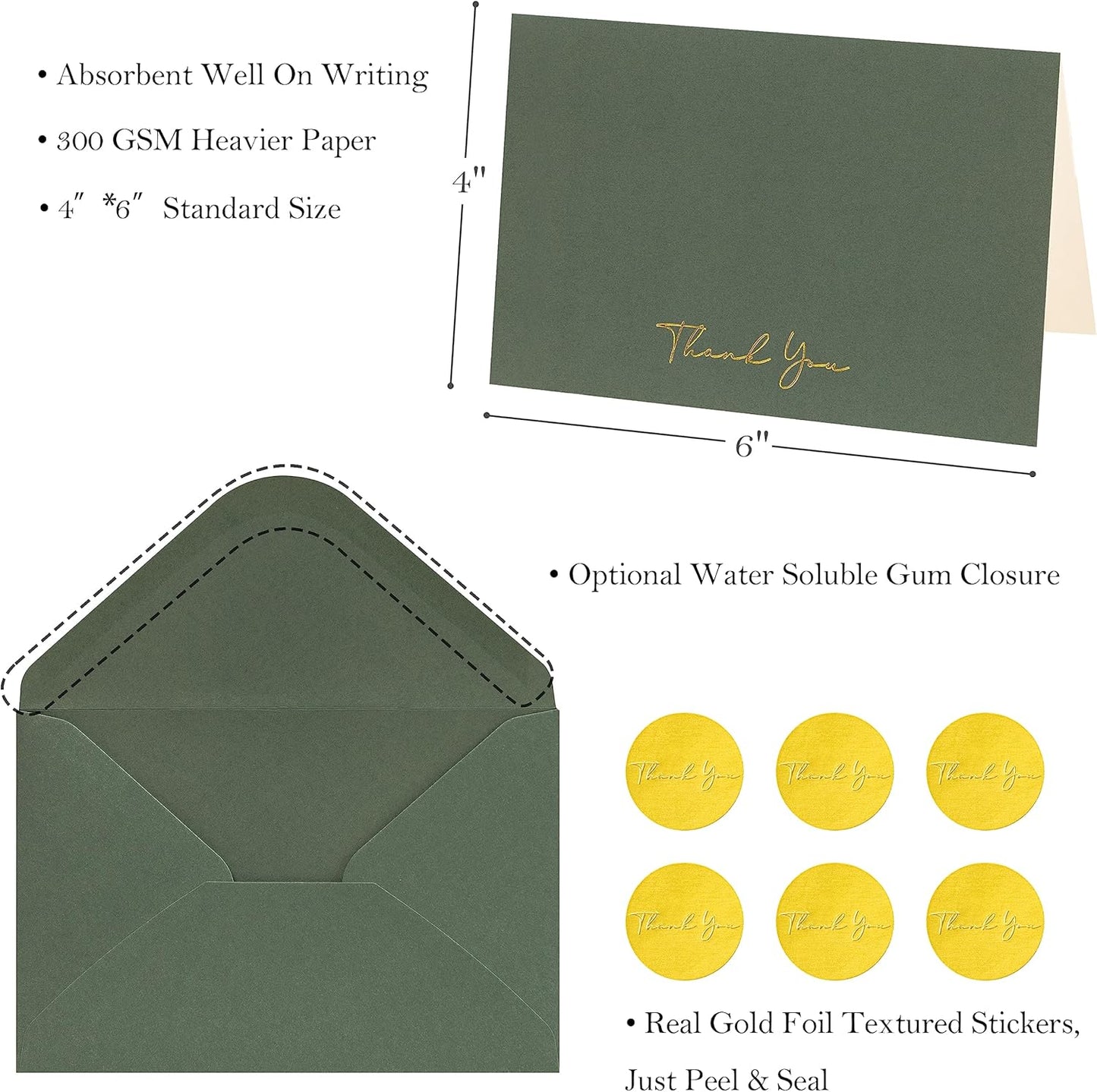 Crisky Green Thank You Cards with Envelopes & Stickers， 50 Pack Bridal Shower Graduation Thank You Cards Small Business, Wedding Baby Shower Birthday Funeral Notes Bulk
