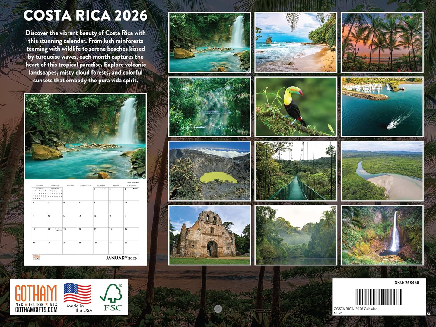 Costa Rica Calendar 2026 Monthly Wall Calender 12 Month | American Made In The USA