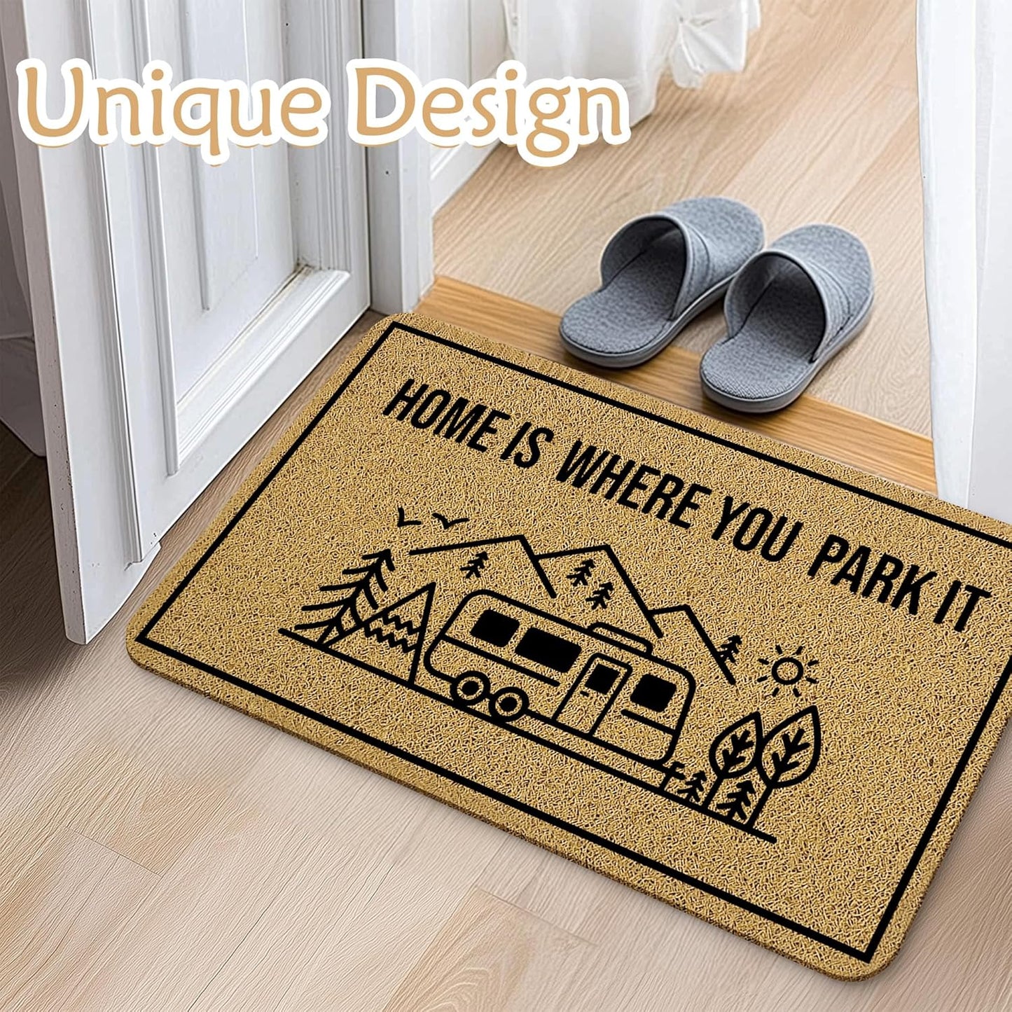Camper Welcome Mats for Front Door, Camping Door Mat, Home is Where You Park It Camping Doormat for Trailer Camper Campsite Outside Inside Outdoor Indoor Entrance, 17x30 Inches