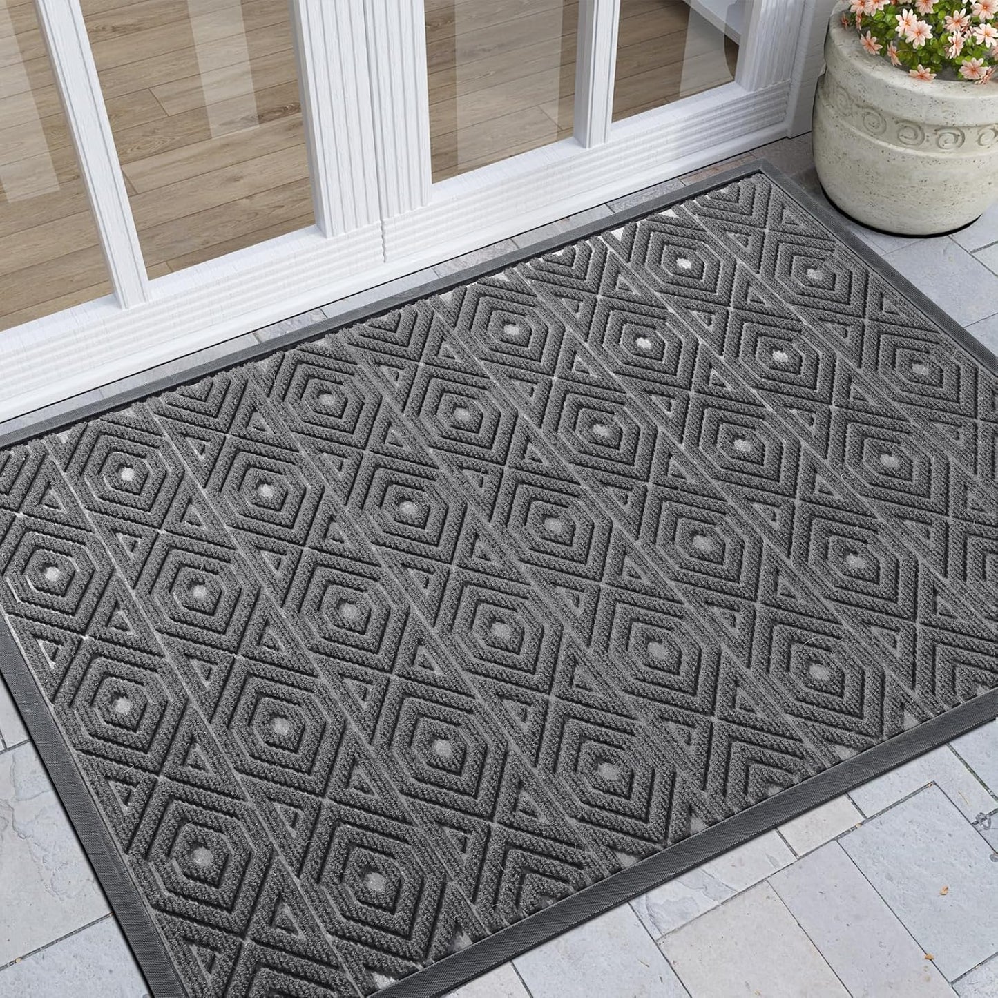 Yimobra Modern Geometric Welcome Doormat, 47 x 32 Inch, Grey, Waterproof, Non Slip, Stain & Fade Resistant, Low Pile, Sturdy Rubber, Easy Clean, Indoor/Outdoor