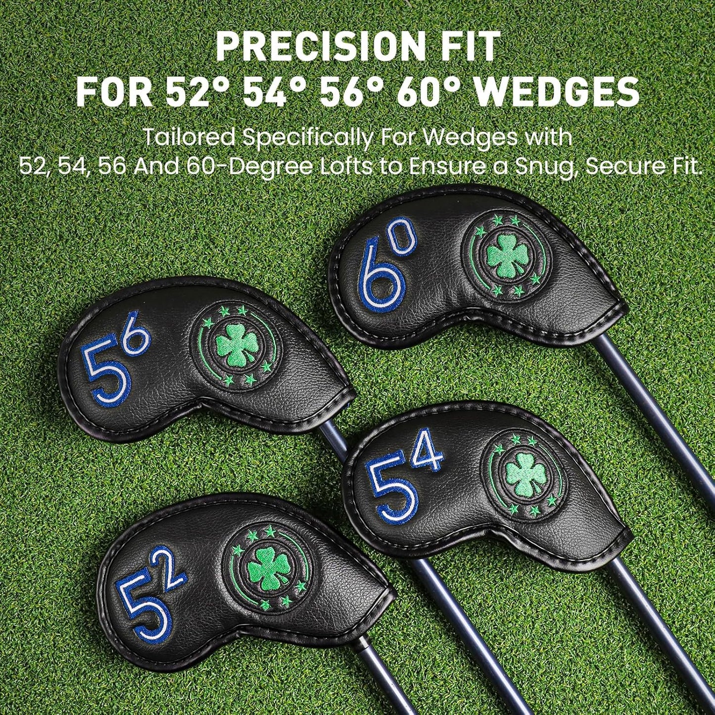Golf Iron Wedge Head Covers 52° 54° 56° 60° 1 or 4 Pack, Synthetic Leather Clover USA Flag Design Club Head Protection, Universal Headcover Fit Iron Clubs for Men Women