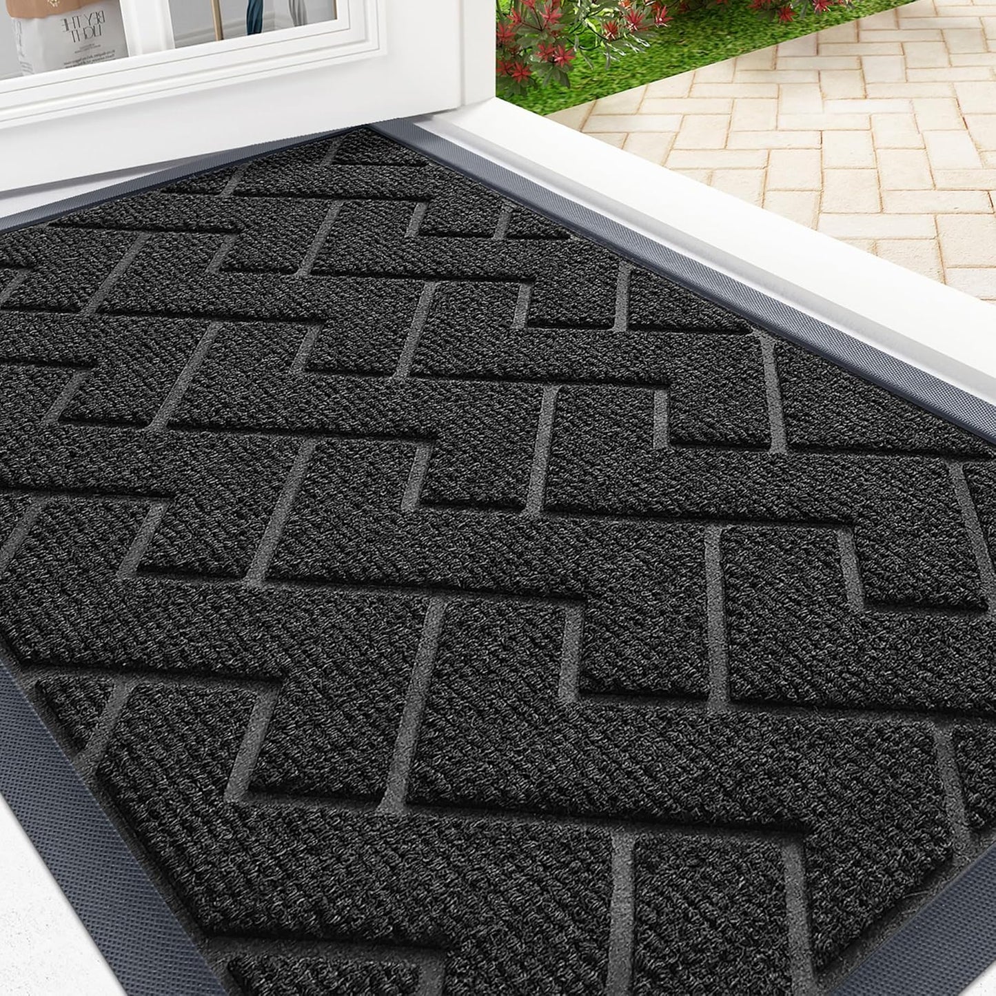OLANLY Front Door Mat Indoor Outdoor Entrance, Waterproof All-Season, All-Weather Doormat, Sturdy Natural Rubber, Low Profile, Easy Clean Patio Porch Entryway Mat, Herringbone Brick (Green, 29.5x17)