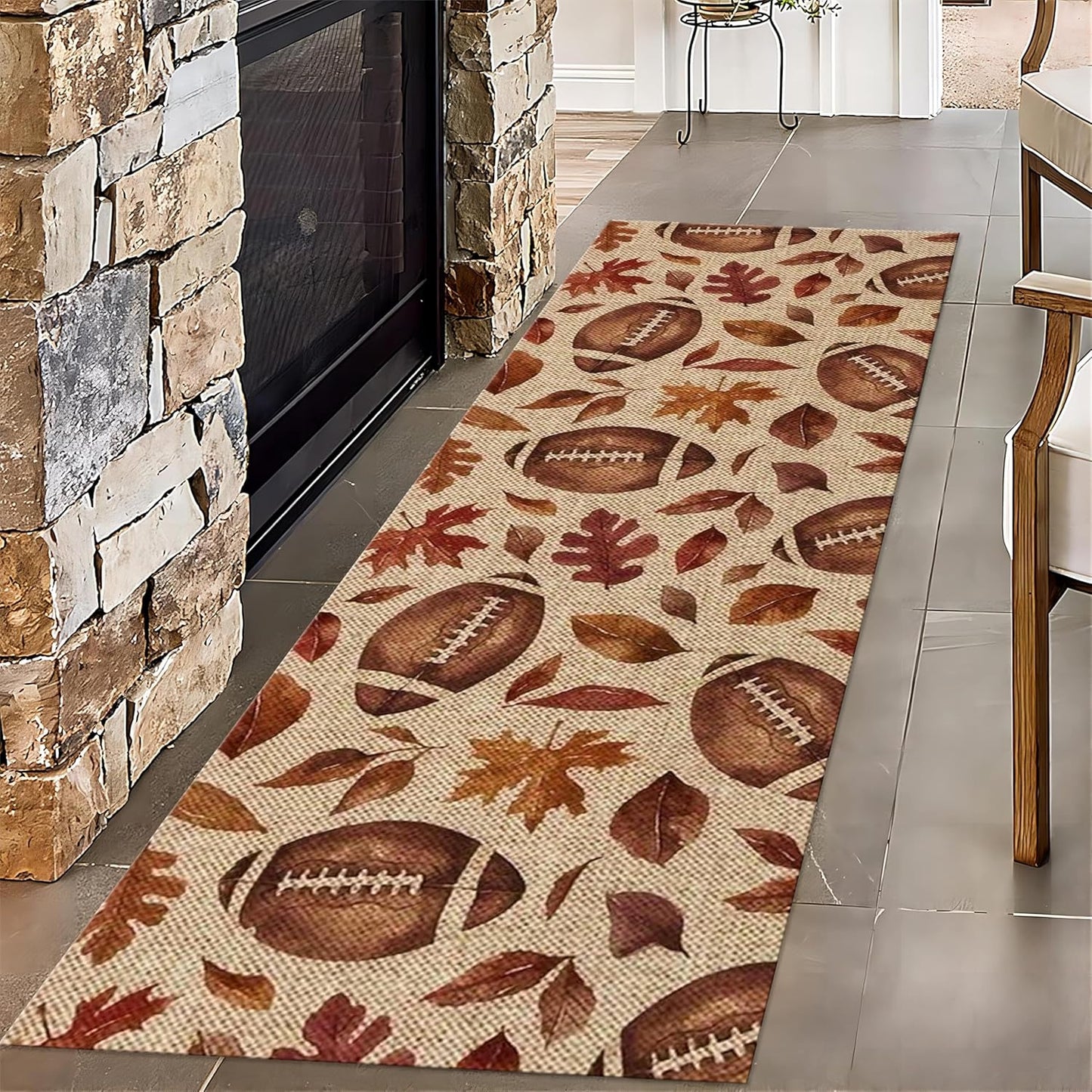 Football Rugby Living Room Rug, 2x8ft, Vintage Maple Leaf Entryway Carpets, Cozy Soft Home Decor Kids Rugs, Foldable Washable Breathable Anti-Slip Rug for Front Door Dining Room