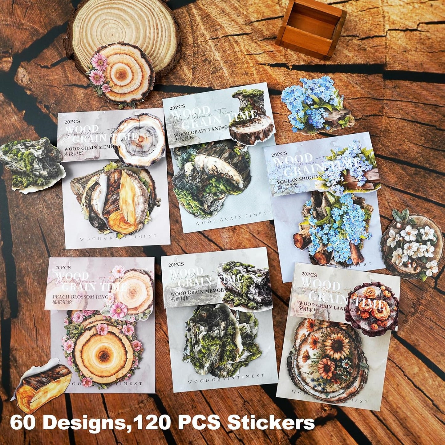 Nature Wood Slice Sticker Set, 120PCS Vintage Designs with Flowers, Moss, Logs and Botanical Elements for Journaling, Scrapbooking and Crafts