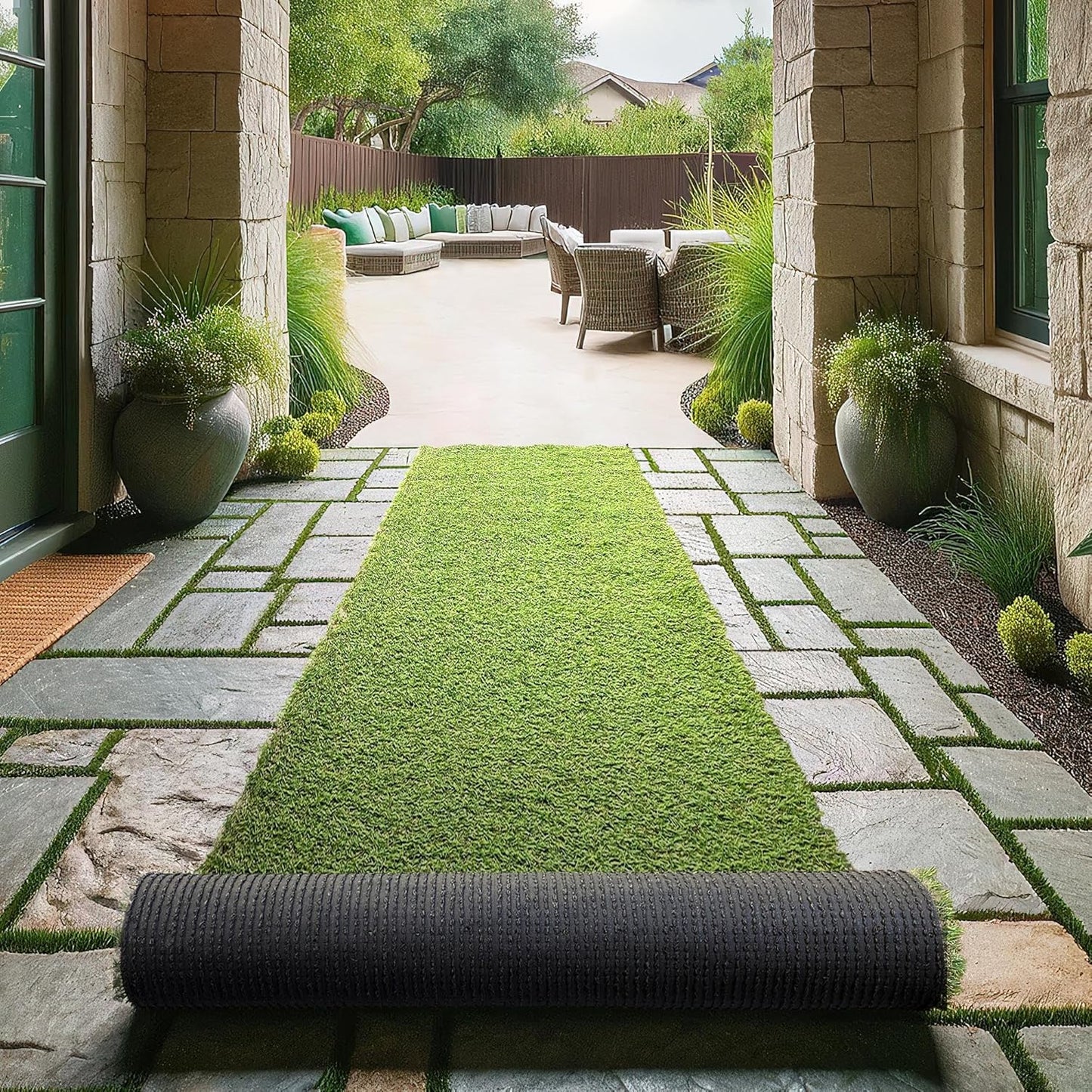 Ottomanson 2'7" x 26' Artificial Faux Grass Rug - Realistic Turf with UV Protection - Perforated for Easy Drainage - Durable, Hose-Off Synthetic Lawn Carpet for Indoor & Outdoor Use, Green