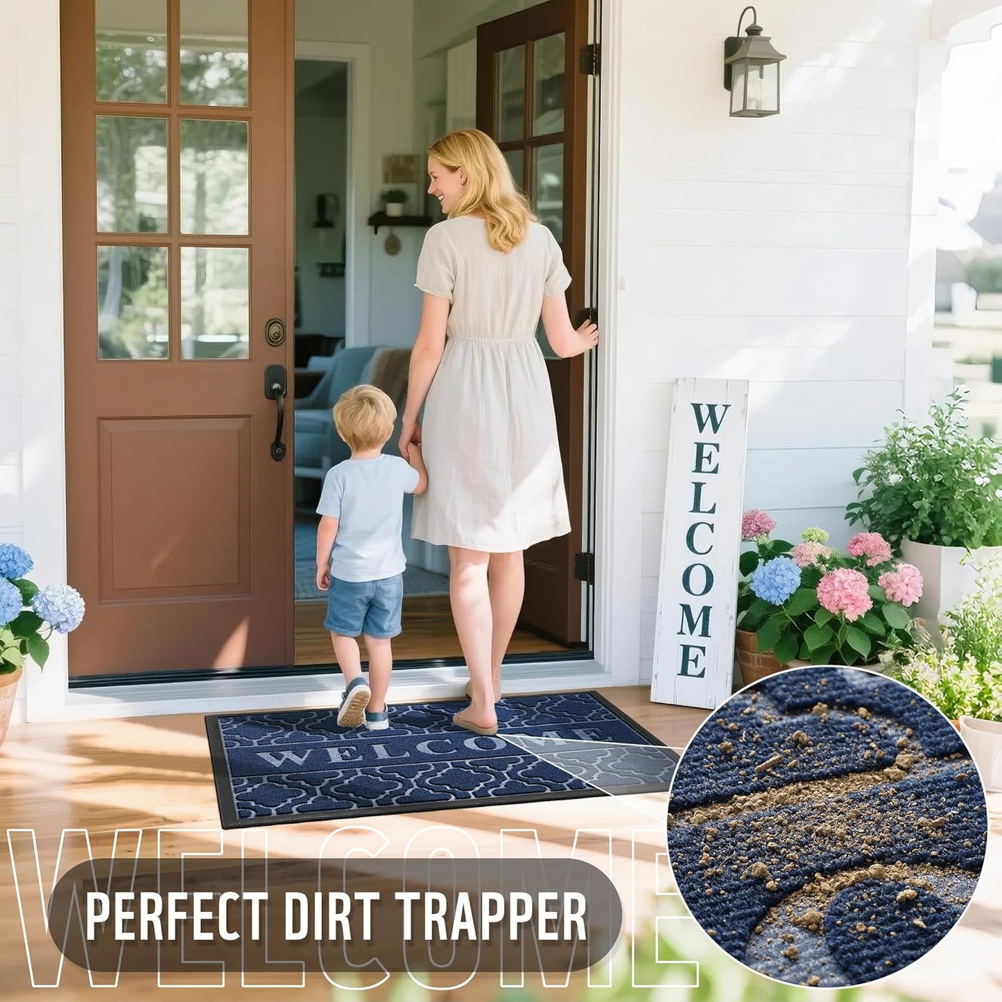 Yimobra Welcome Mat Outdoor Indoor, All-Season Waterproof Front Door Mat Outside Entrance, All-Weather Heavy Duty Non-Slip Doormat, Low Profile Porch Patio Entrance Mats, 36x24, Blue