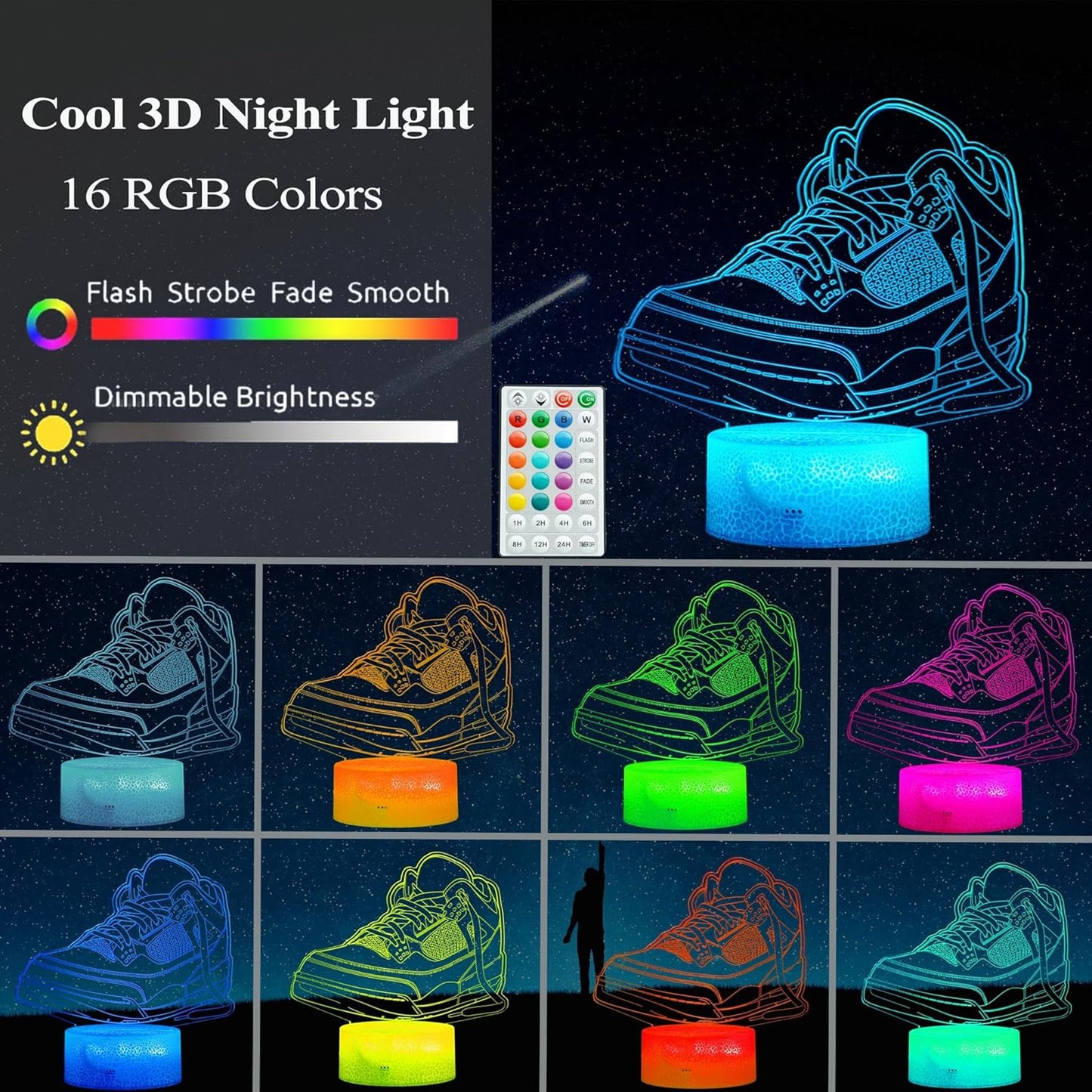 Sneaker Gifts, Sport Shoes, Sneaker Gifts, 3D Illusion Night Light Lamp, 16 Colors Changing, Timer, 4 Flash Modes and Dimmable, Kids Room Decoration, Xmas Gifts