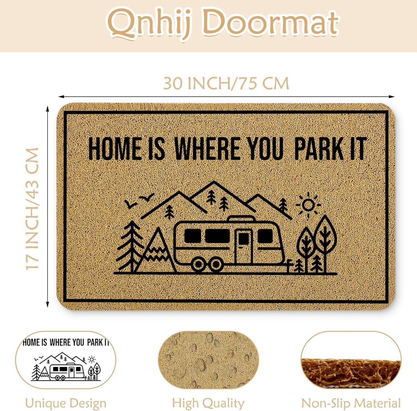 Camper Welcome Mats for Front Door, Camping Door Mat, Home is Where You Park It Camping Doormat for Trailer Camper Campsite Outside Inside Outdoor Indoor Entrance, 17x30 Inches