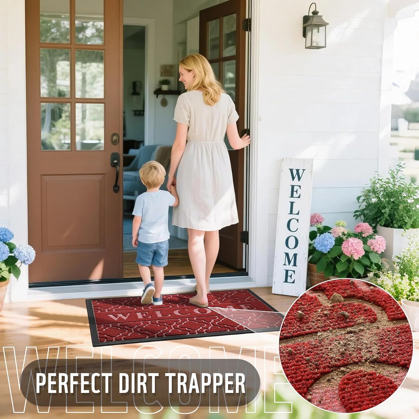 Yimobra Welcome Mat Outdoor Indoor, All-Season Waterproof Front Door Mat Outside Entrance, All-Weather Heavy Duty Non-Slip Doormat, Low Profile Porch Patio Entrance Mats, 60x36, Red