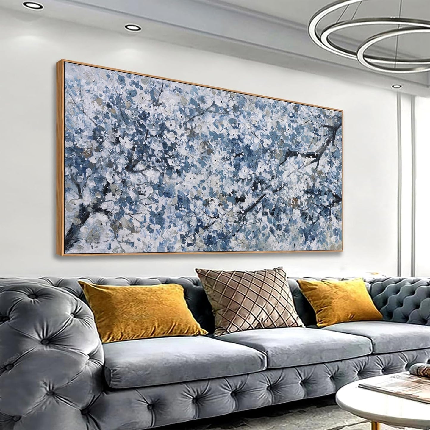 Canvas Wall Art Pictures Wall Decoration Dark Blue And White Abstract Tree Plants Artwork Large Wall Art Modern Painting Framed Pictures For Living Room Home Kitchen Office 29"X58"